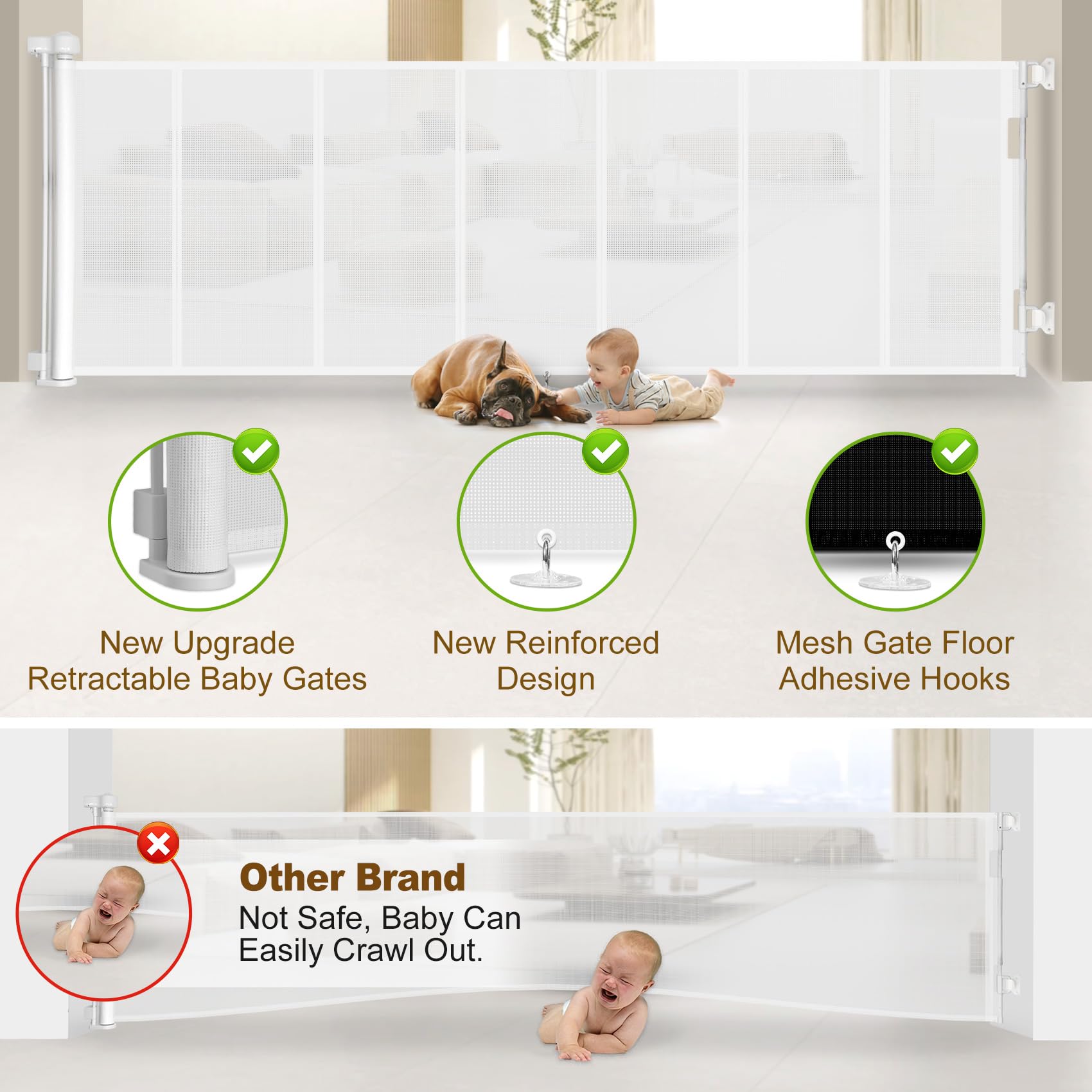 Upgrade 59' Retractable Baby Gates With Reinforced Strip Design To Prevent Crawling Through, 34' Tall Retractable Gate For Baby And Pet, 5 Ft Baby Gates For Stairs, Doorways, Hallways