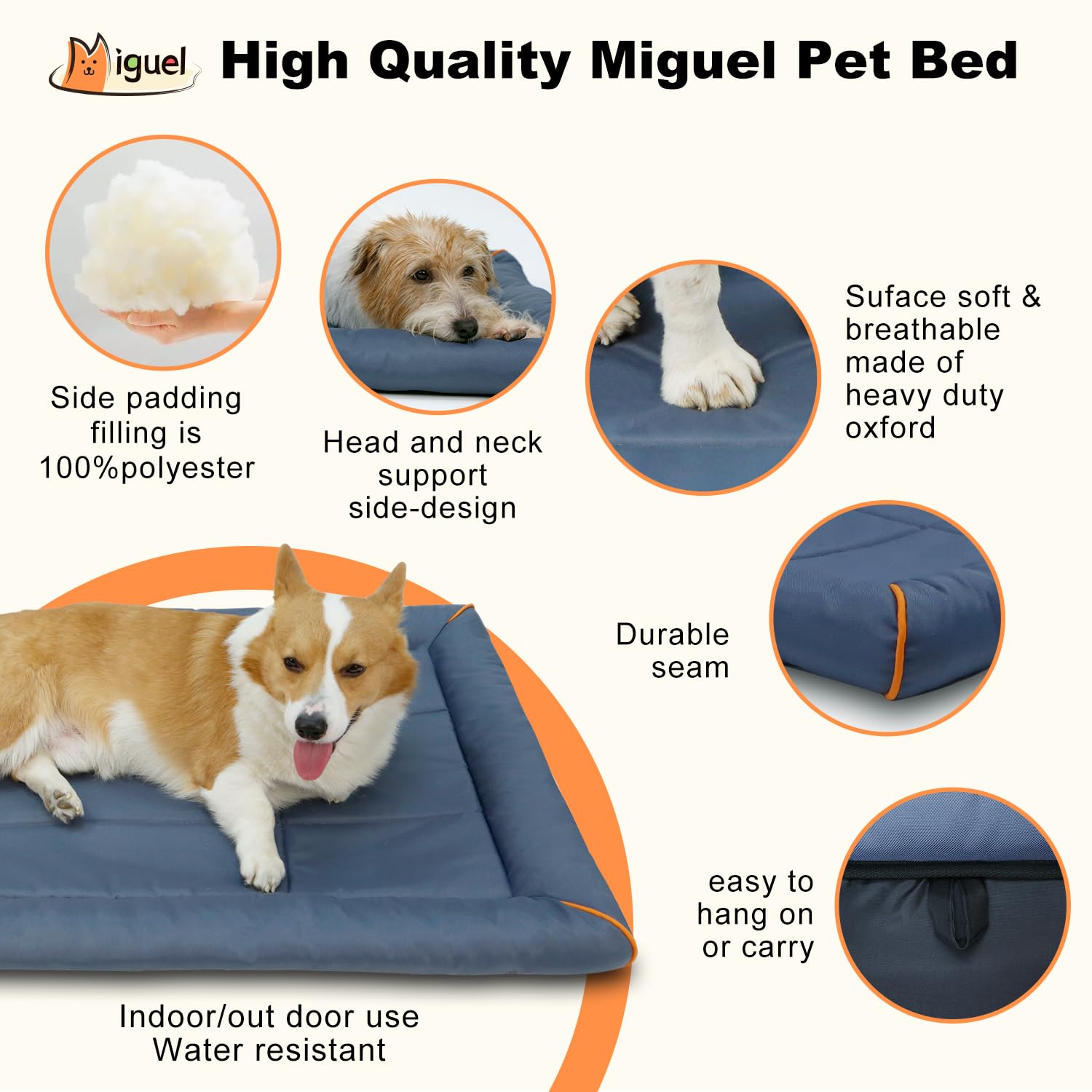 Miguel Outdoor Waterproof Dog Bed For Metal Dog Crates Water-Resistant Oxford All Weather Pet Mat Durable Easy Wipe Clean Travel Indoor Outdoor Puppy Bed(42Inch Dog Bed Dog Crate,Blue)