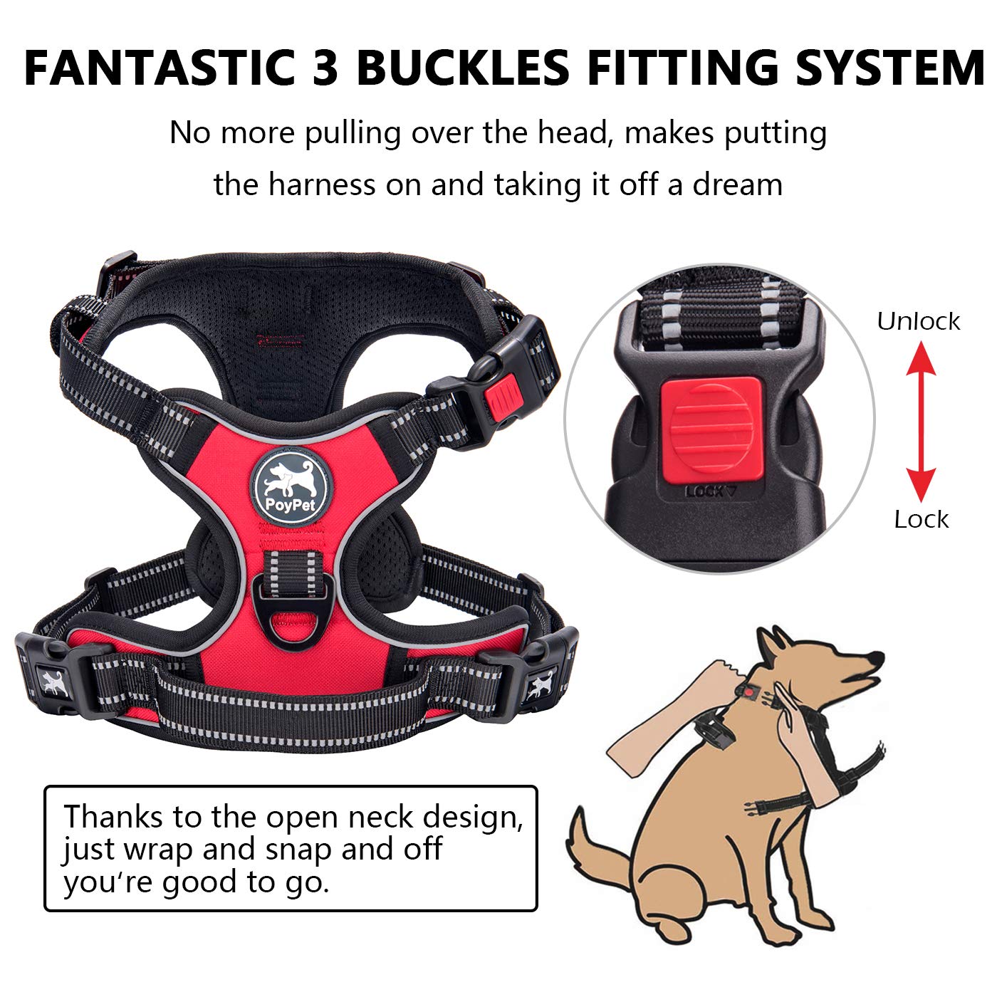 Poypet Dog Harness No Pull, Reflective Adjustable No Choke Pet Vest With Front & Back Clips, Soft Padded And Control Training Handle For Large Dogs (Red, Xl)