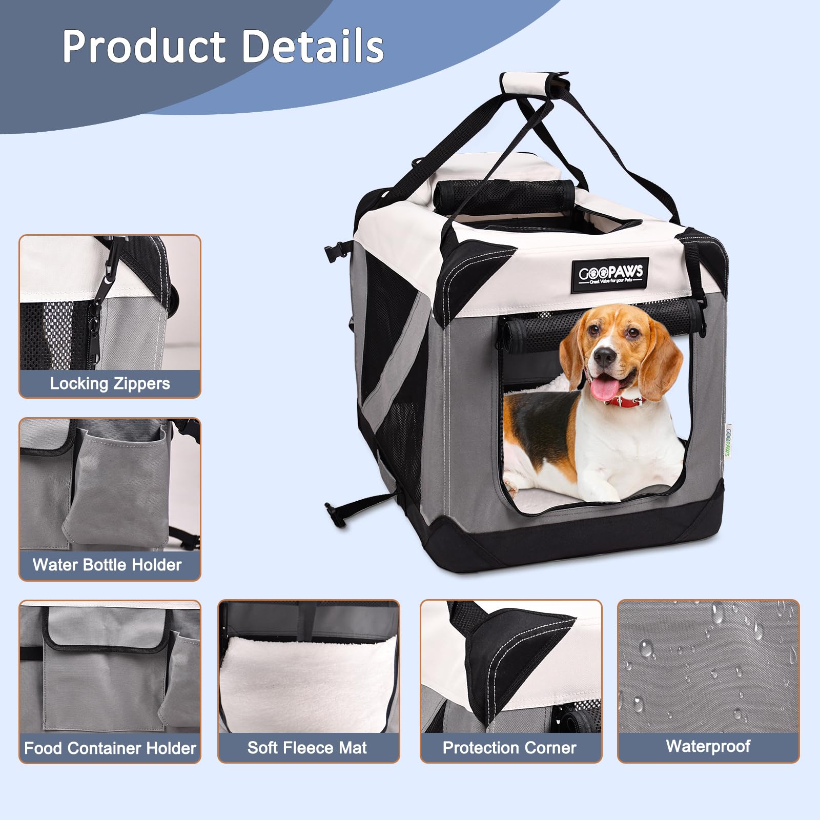 Jespet Soft Dog Crates Kennel For Pets, 3 Door Soft Sided Folding Travel Pet Carrier With Straps And Fleece Mat For Dogs, Cats(7