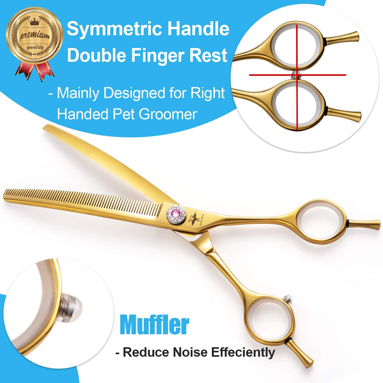 Purplebird 7 Inch Downward Curved Dog Grooming Scissors Thinning Texturizing Shears Professional Safety Blunt Tip Trimming Shearing For Dogs Cats Face Paws Limbs Japanese Stainless Steel Yellow