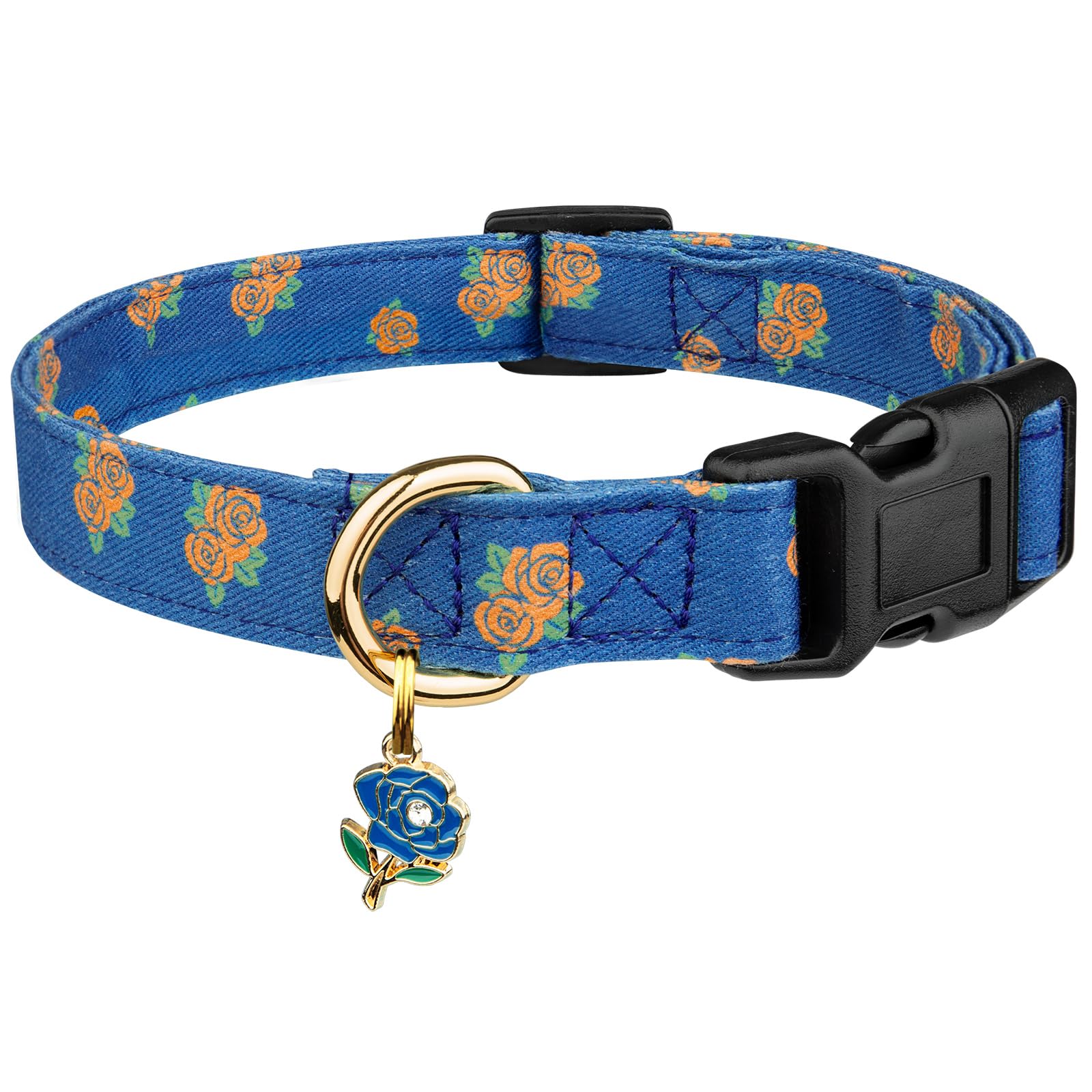 Cotton Handmade Dog Collar Cute And Distinctive Patterns Blue Rose With Pendant For Girl Boy Dogs Collars L