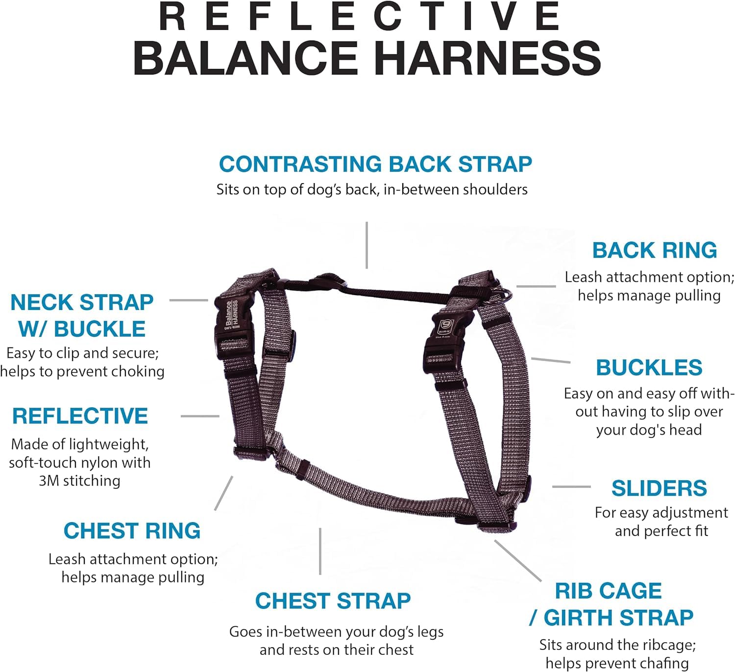 Blue-9 Reflective Buckle-Neck Balance Harness, Fully Customizable Fit No-Pull Harness With 3M Reflective Stitching, Ideal For Dog Training And Obedience, Made In The Usa, Grey, Medium