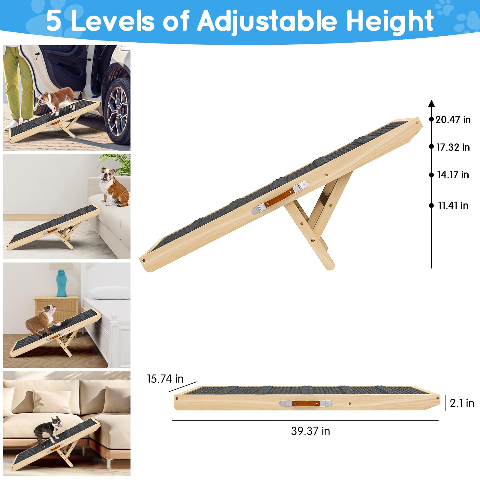 Dog Ramp For Couch, Bed Or Car, Wooden 44'' Long Pet Stairs For Small & Large Old Dogs & Cats, Hold Up To 200Lb, 5 Adjustable He