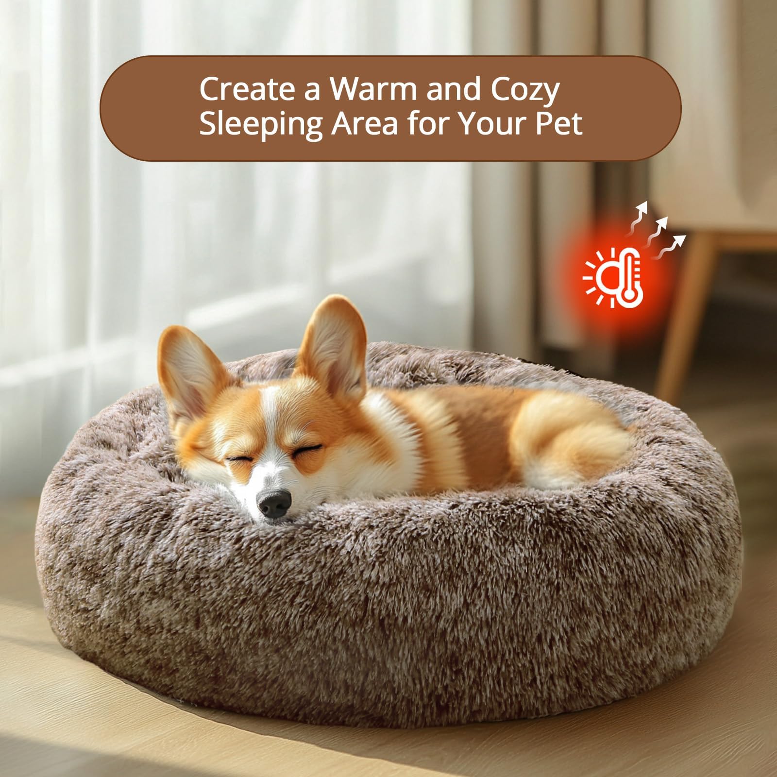 JOLLYVOGUE Large Calming Dog Bed, Fluffy Faux Fur, Anti-Slip, 36" x 36", Smoke Brown, Model SMBN-90