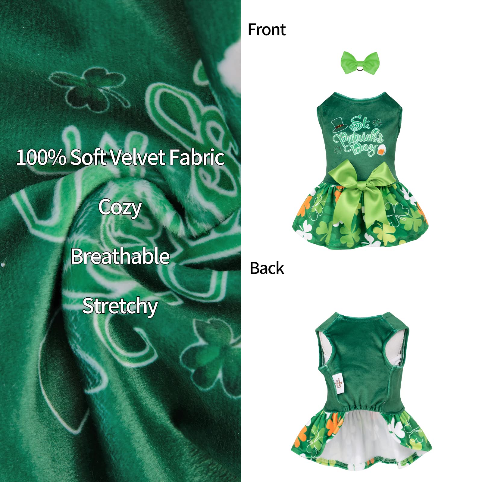 Cutebone St.Patrick'S Day Dog Green Dress Velvet For Small Dogs Girl Puppy Dresses Clover Dog Clothes Cva13L-D