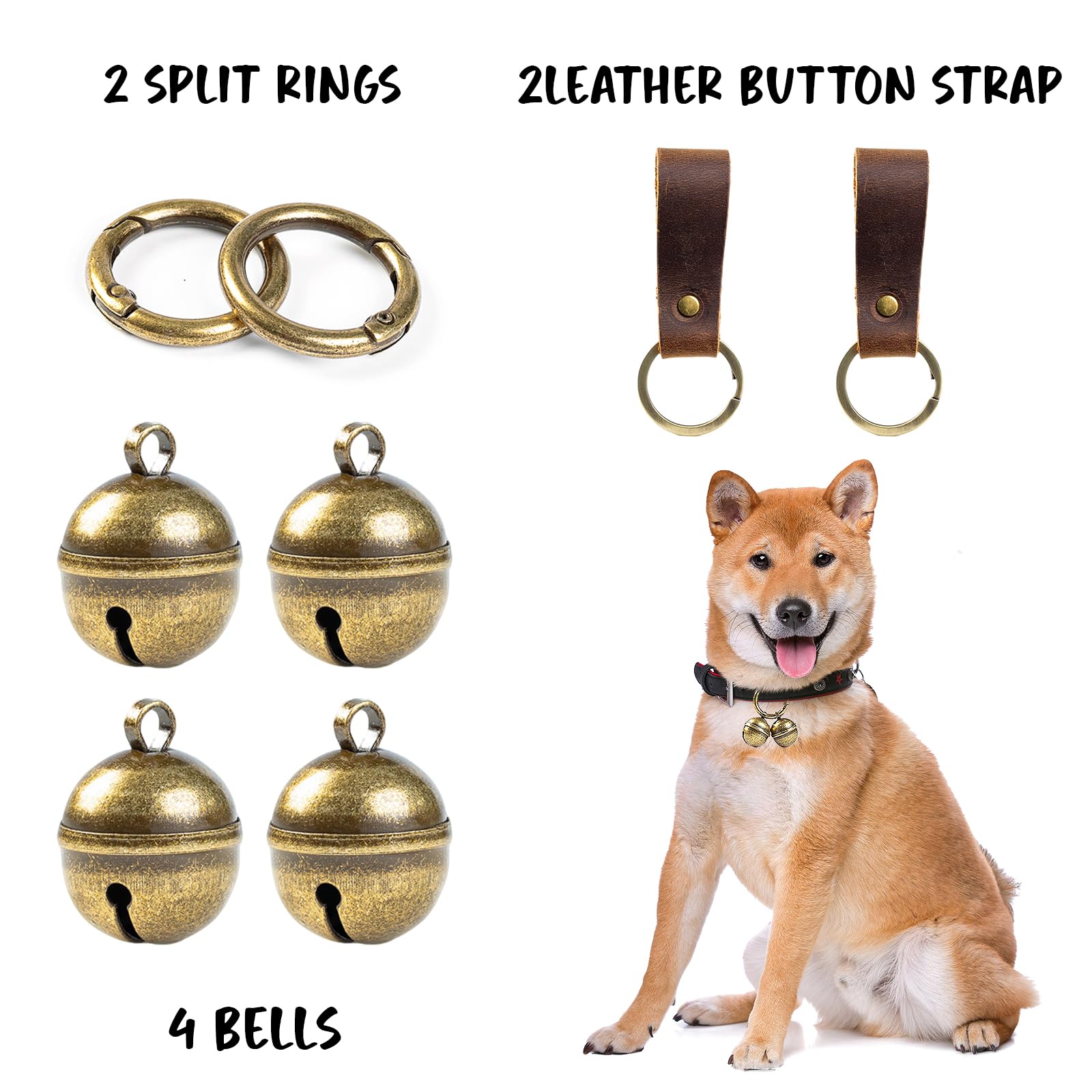 Geehouz Loud Dog Collar Bells, Durable Pet Bells Tracker For Large Dogs, 4 Copper Ells And 2 Leather Button Strap For Outdoor Sa