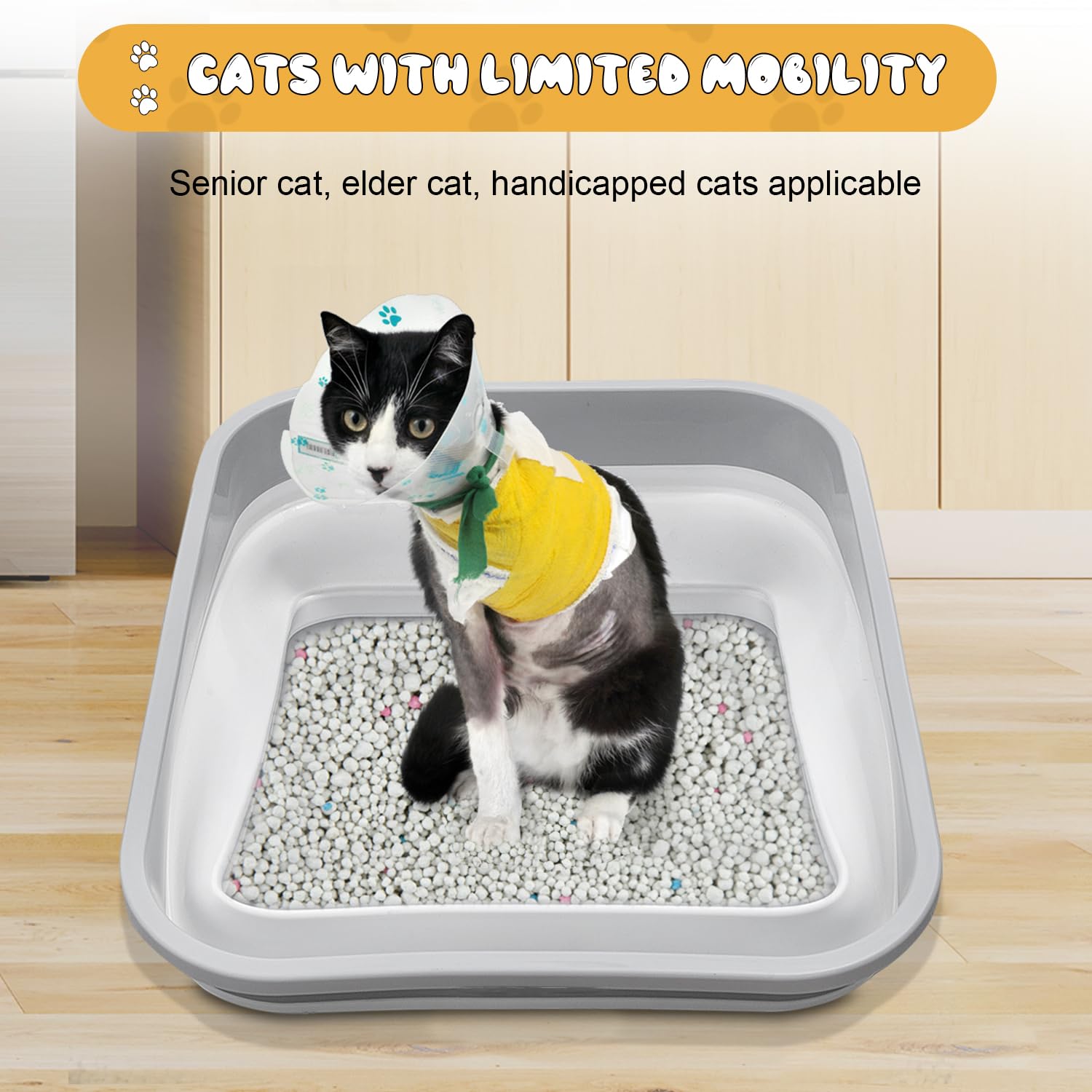 Maohegou Senior Cat Litter Box, Three Legged Arthritic Open Low Entry For Sick Frail Handicap Disabled Cats, Older Elderly Corne