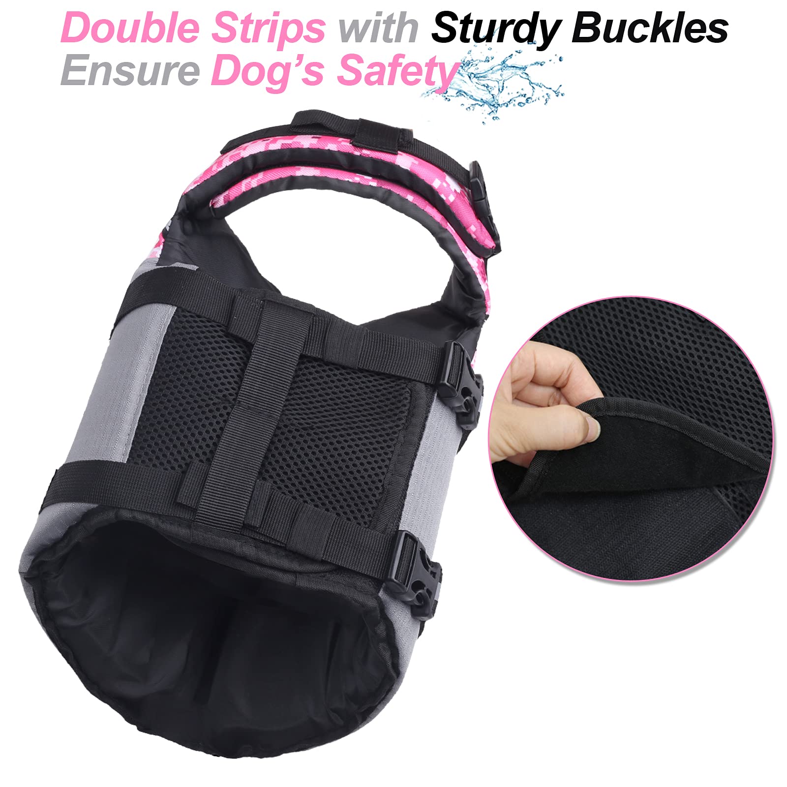 Vivaglory Sports Style Dog Life Jacket With Adjustable & Durable, Extra Flotation Swim Life Vest With Secure Fastening System For Large Dogs, Camo Pink