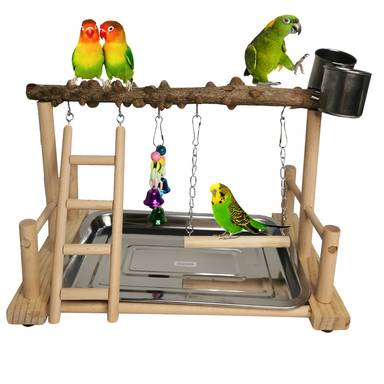 Hamiledyi Parrot Playground Bird Playstand Wood Exercise Play Perch Exercise Gym With Feeder Cups Toys Cockatiel With Ladder Hanging Swing For Pet Conure Lovebirds Life Activity Center Training Stand