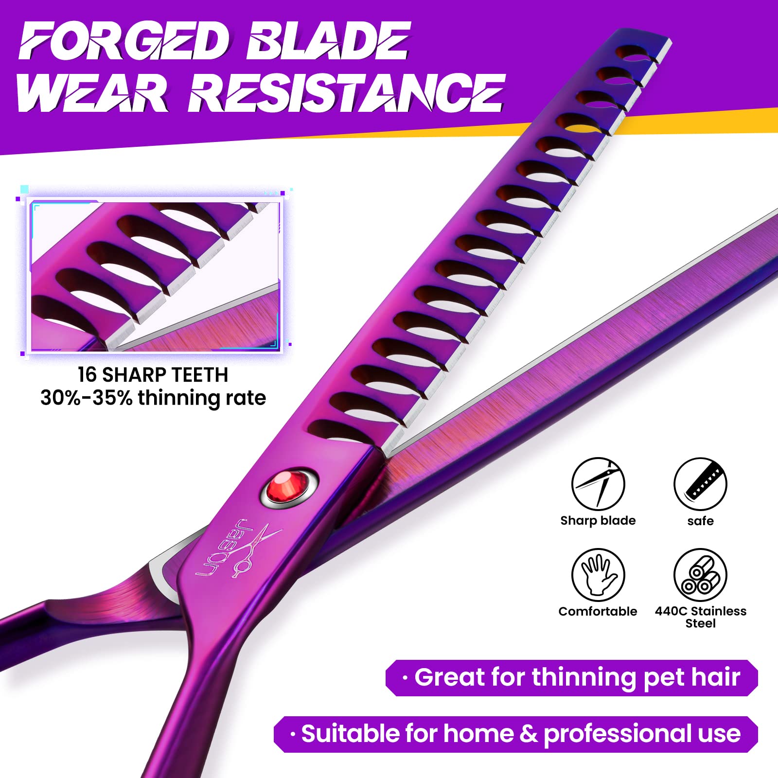 JASON Dog Grooming Scissor - 7.5" Chunker Shear, Ergonomic Handle, Purple, Japanese Stainless Steel for Pets