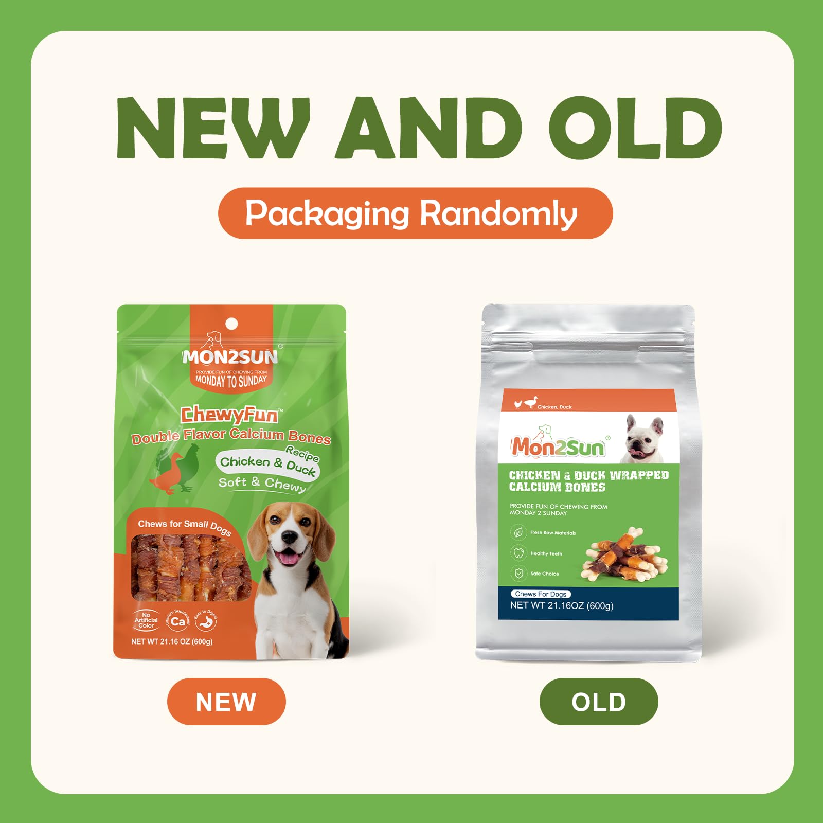 MON2SUN Double Flavor Dog Treats, 4 Inch Chicken and Duck Wrapped Calcium Bones, Rawhide Free Chews for Small Dogs, Teeth Cleani