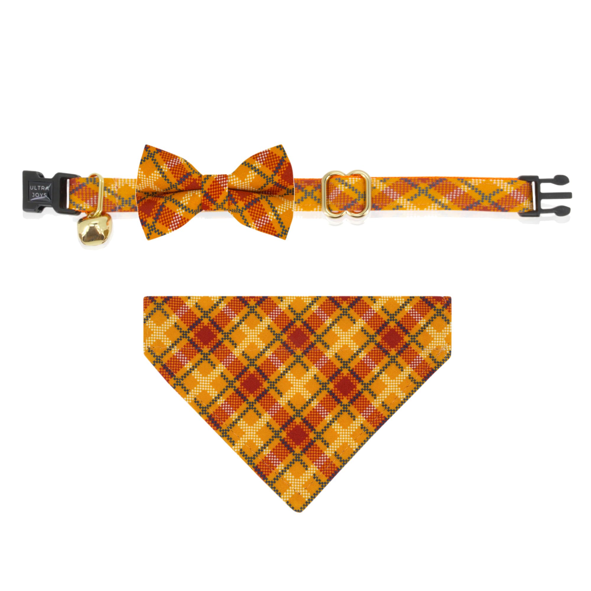 Ultra Joys Breakaway Cat Collar With Bells - Boy & Girl Kitten Collars With Bandana And Bowtie - Orange Plaid Small
