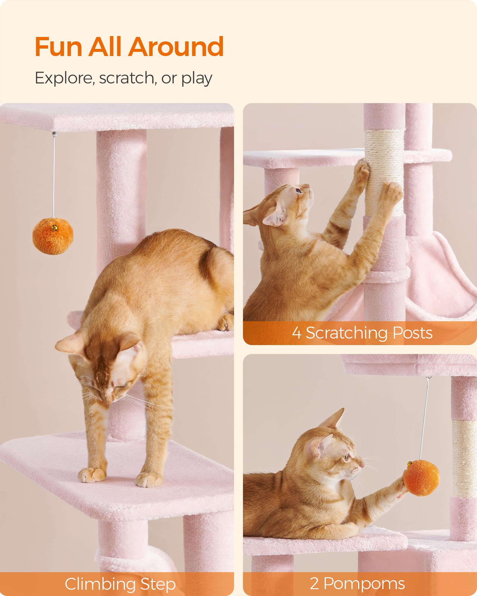 Feandrea Cat Tree, 56.3-Inch Cat Tower For Indoor Cats, Multi-Level Cat Condo With 4 Scratching Posts, 2 Perches, Hammock, Cave, Jelly Pink Upct161P01