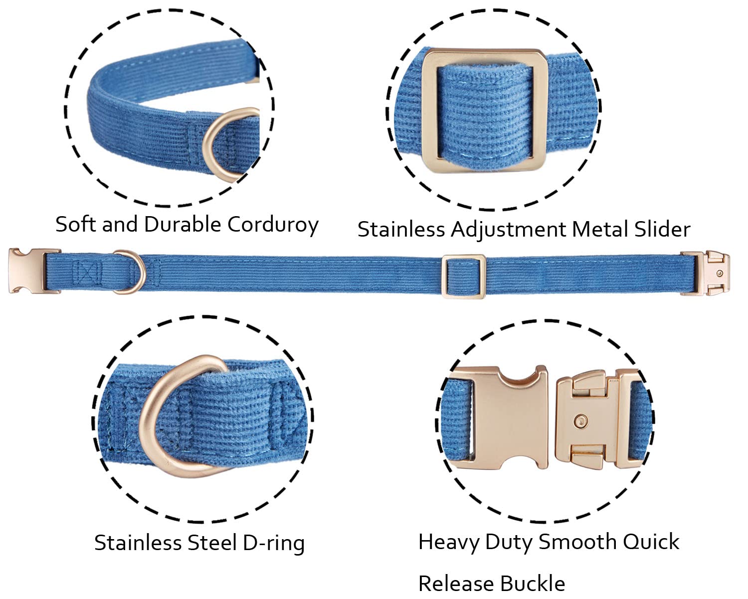 Ewinoom Soft Corduroy Dog Collar and Leash Set, Adjustable Cotton Dog Collars with Metal Buckle and Lead for Medium Dogs,Blue