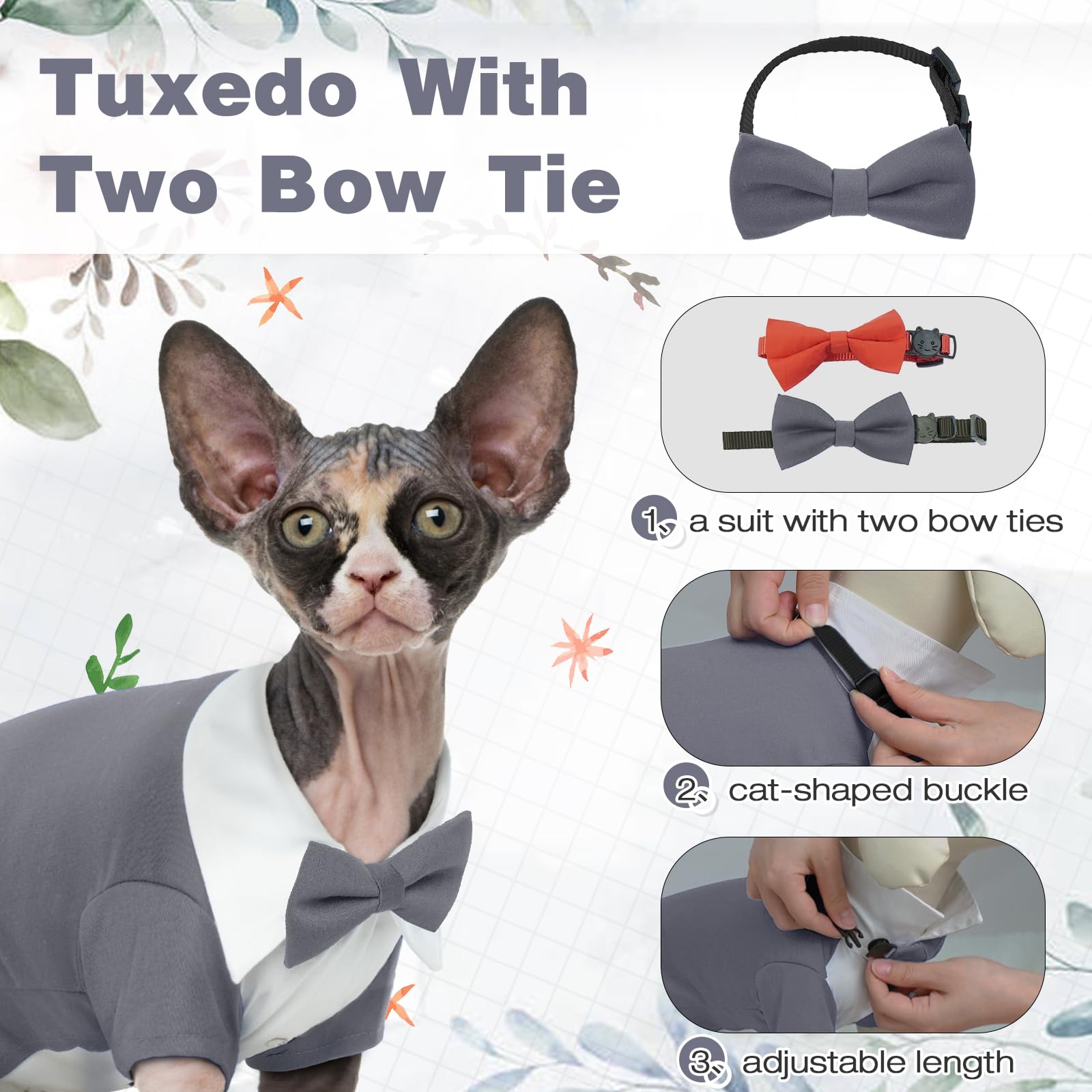 Dentrun Cat Tuxedo Suit With Two Bow Tie, Stylish Cat Shirt Formal Outfit, Hairless Cat Fashion Apparel Fancy Clothes, Kitten Fo
