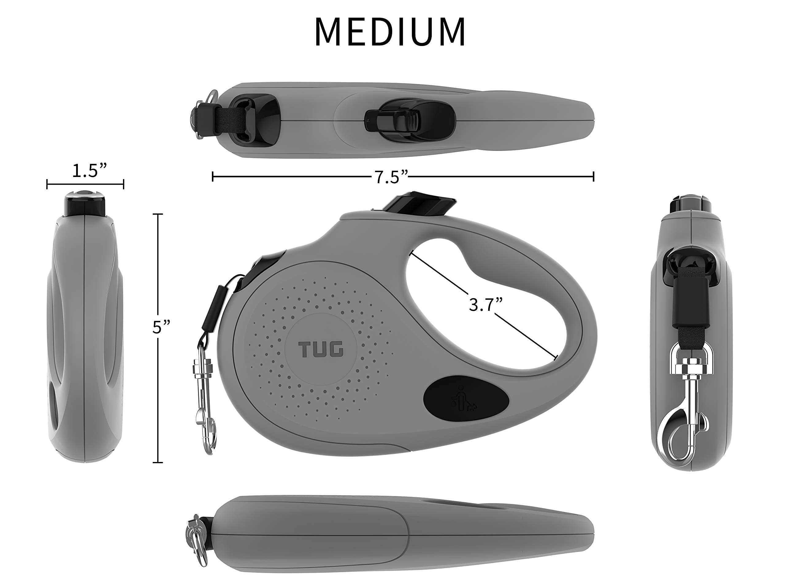 TUG Retractable Dog Leash, Tangle-Free, Integrated Waste Bag Dispenser, Medium, Grey, Nylon