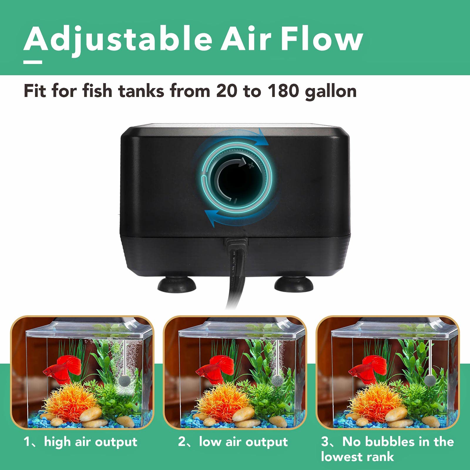 Hygger Adjustable 5W Aquarium Air Pump With 2 Ports For 20~180 Gallon Fish Tank 160Gph Aquatic Aerator Oxygen Pump (5W Up To 180