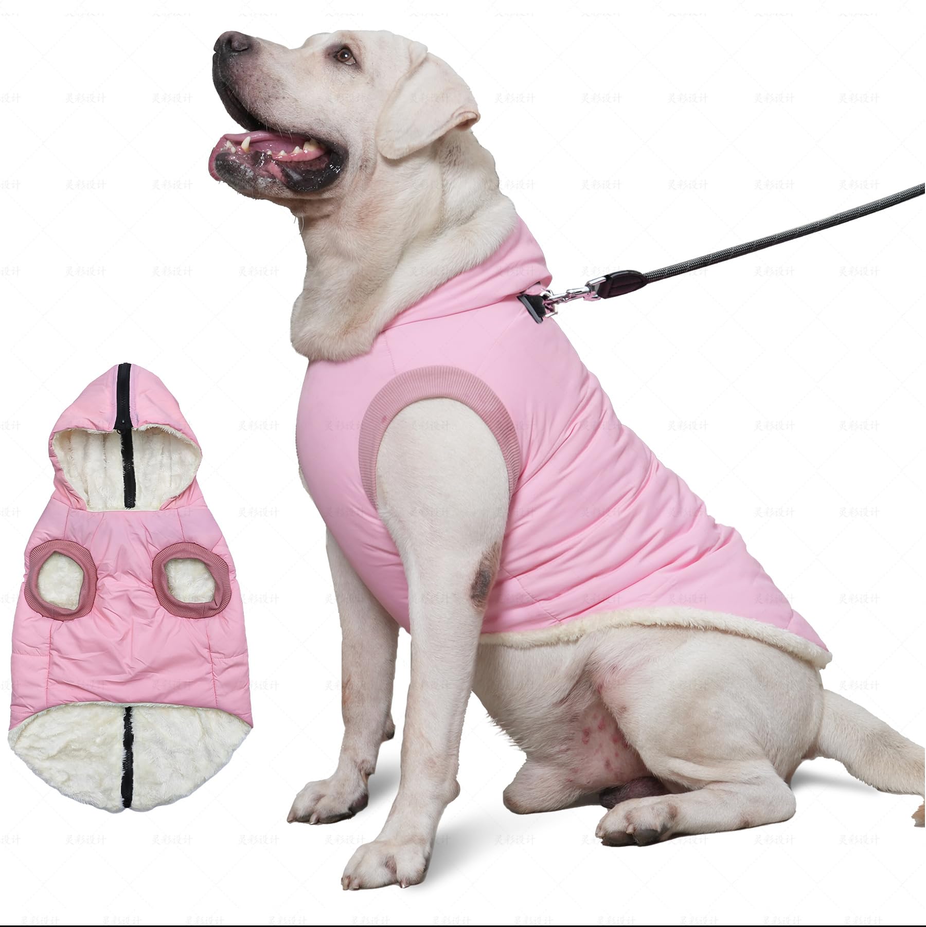 Vecomfy Fleece Lining Dog Hoodie With Harness Built In,Extra Warm Large Dog Jacket In Winter Doggie Coats With Hooded,Light Pink Xxxl
