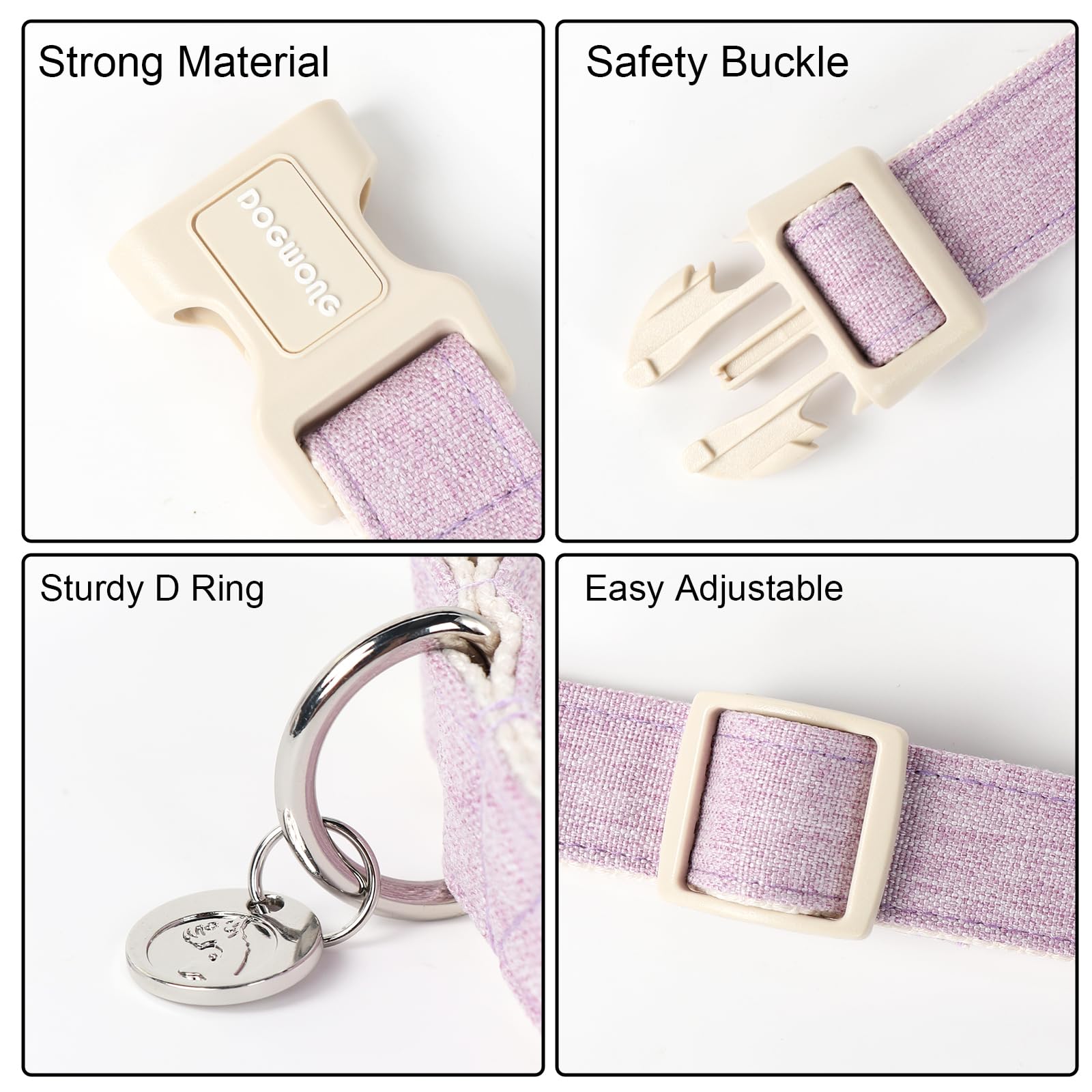 Dogwong Cotton Hemp Dog Collar, Heavy-Duty Purple Adjustable Soft Natural Fabric Pet Collar For Small Medium Large Dog