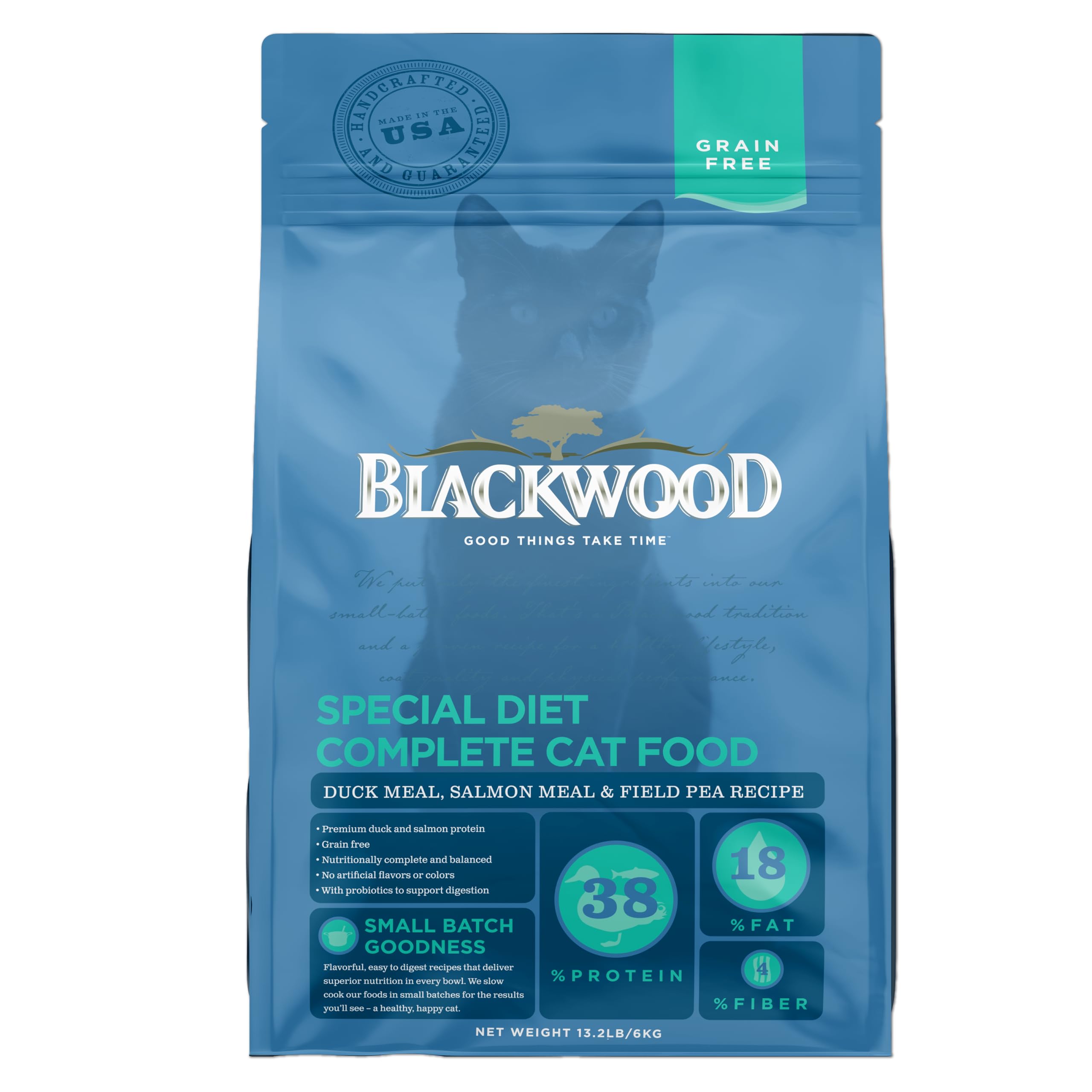 Blackwood Dry Cat Food, Special Diet Formula for Sensitivities, Duck Meal, Salmon Meal & Field Pea Recipe, 13.2 Pound Bag, High 