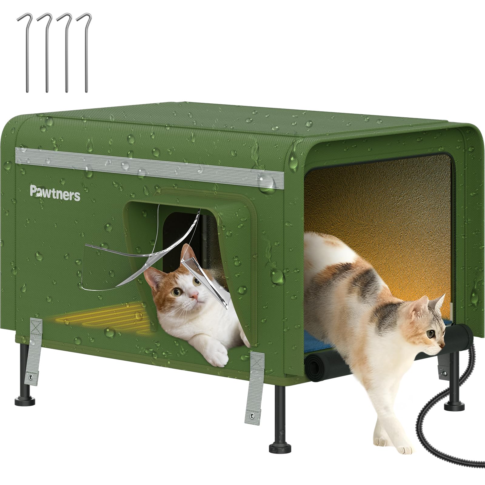 Pawtners Heated Cat House For Outside, Outdoor Insulated Kitty Shelter With Heated Pad And Escape Door, Warm Cozy Pet House Cove