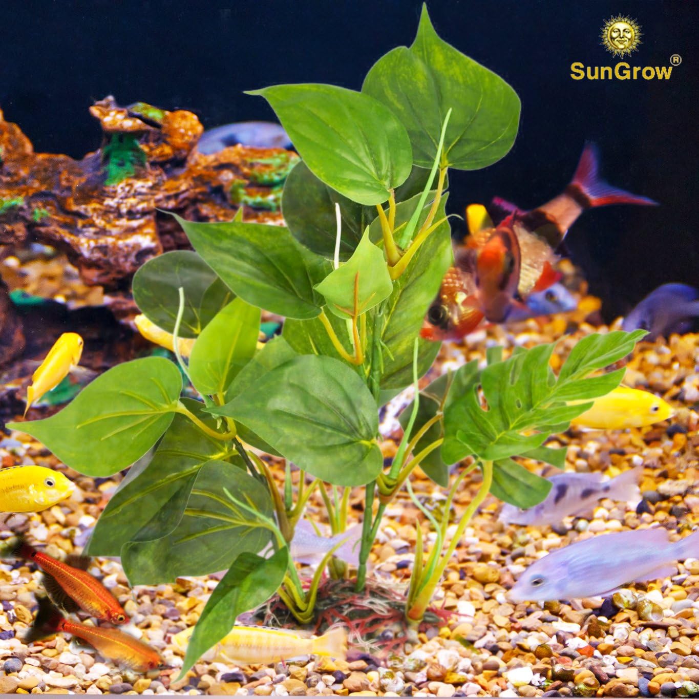 SunGrow Plastic Leaf Plant, Heavy-Duty Ceramic Base, Hiding Spot for Fish, Betta, Angelfish, Gold Fish, Frog, Python, Reptiles,
