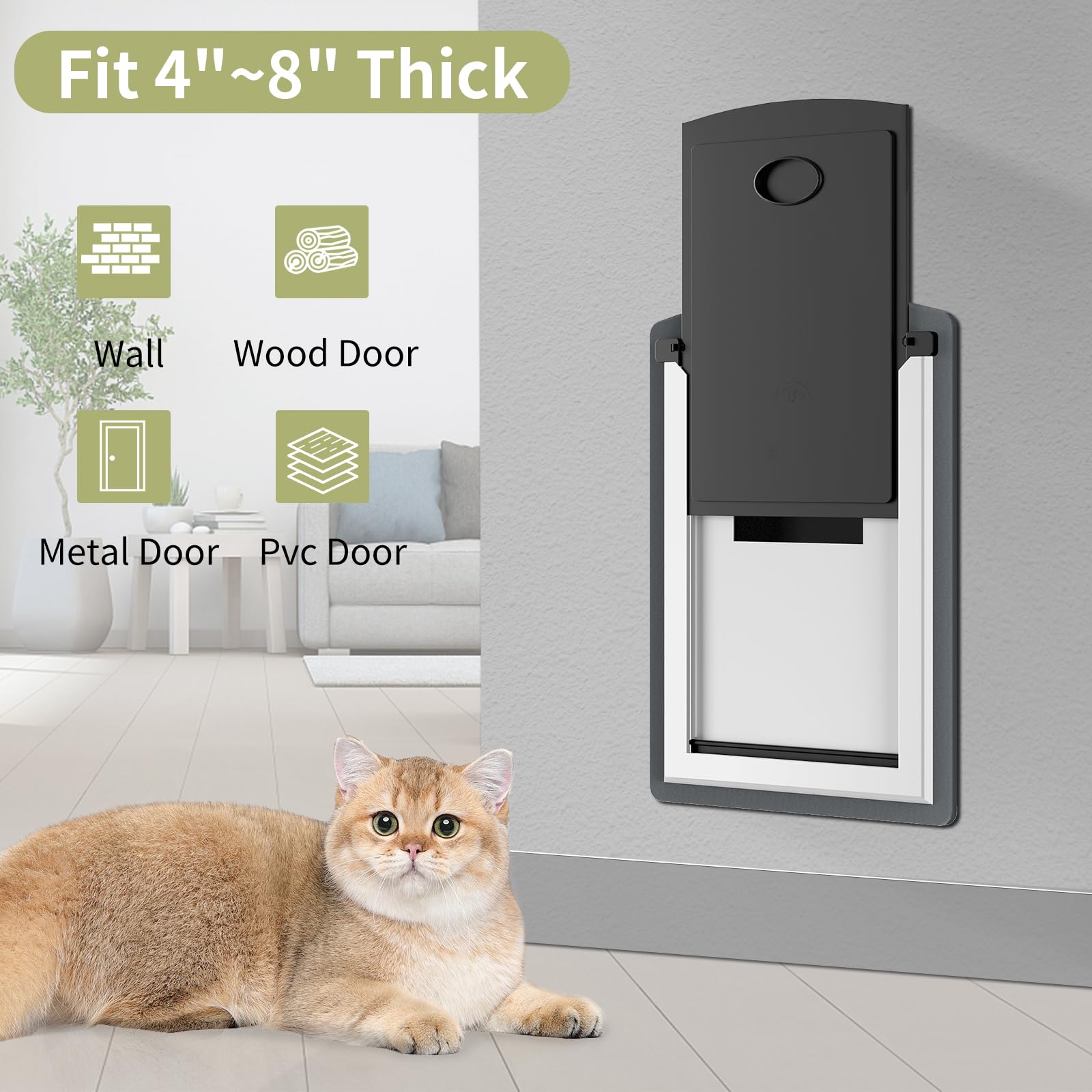 Freestanding Cat Door For Wall, Steel Frame Cat Doors With Telescoping Tunnel, Magnetic Double Flaps And 2 Security Lock Panels,