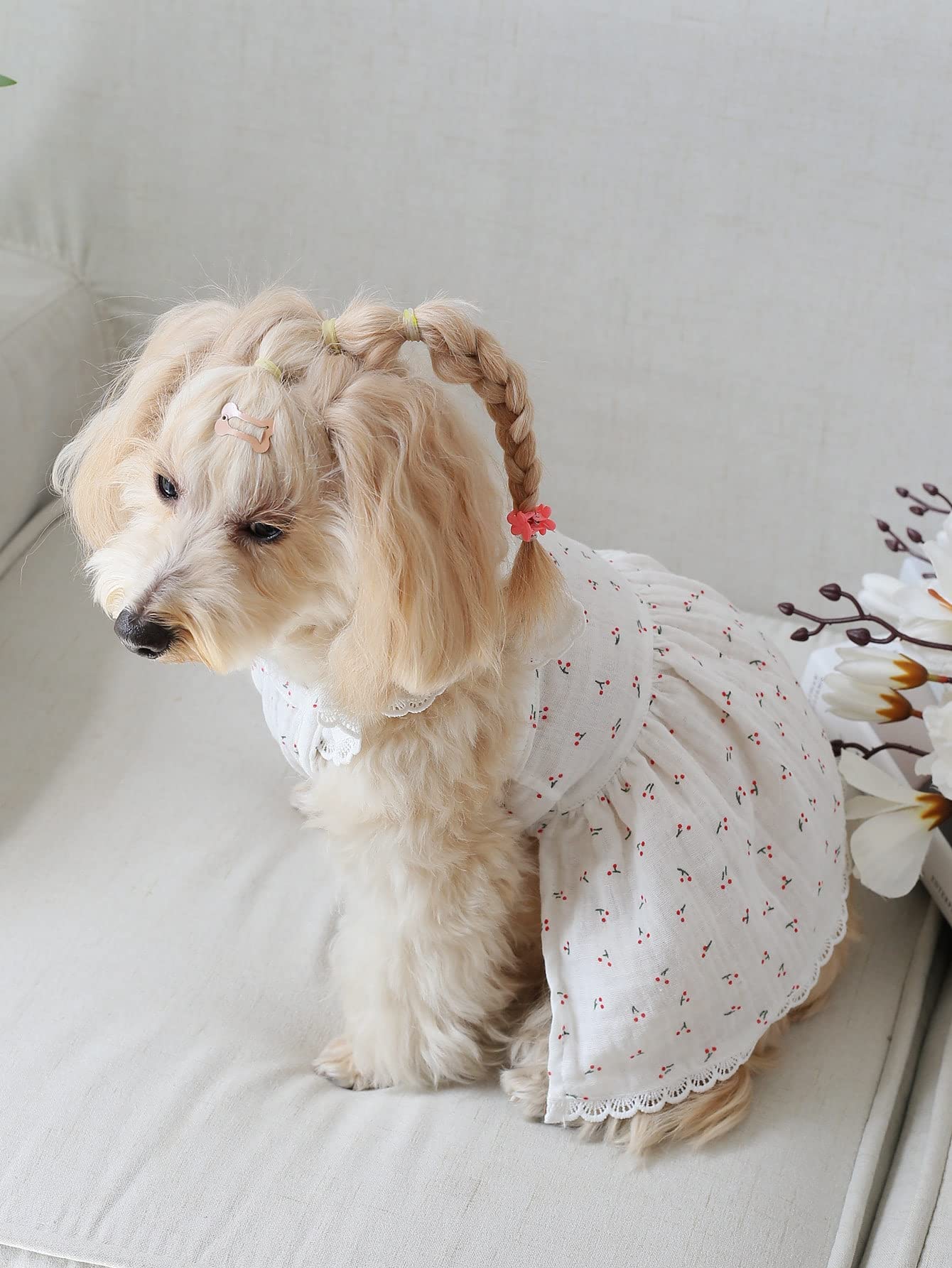 Qwinee Lace Trim Dog Dress Apparel Cherry Print Cat Puppy Skirts Cute Pet Tutu Breathable Summer Birthday Holiday Dress For Smal