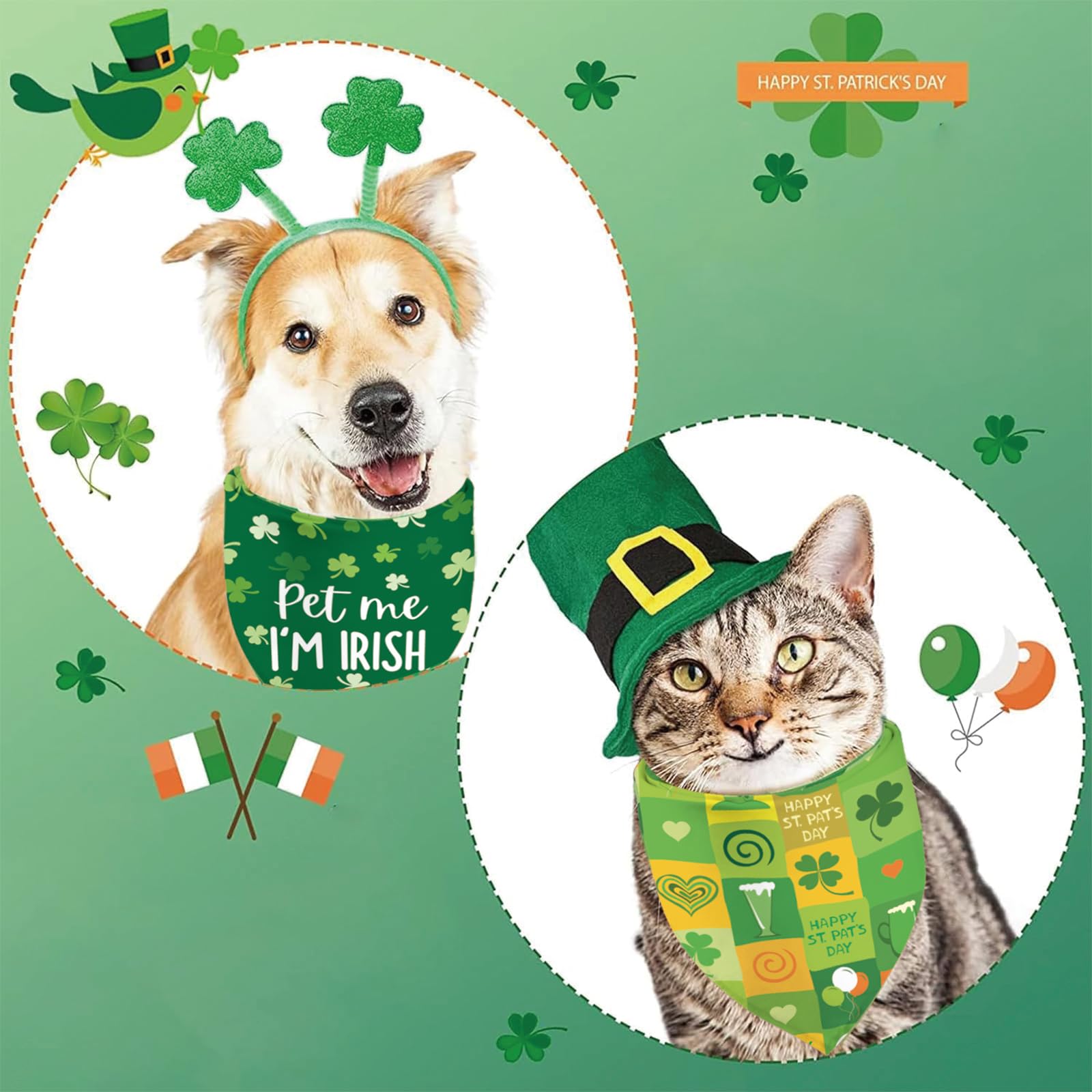 St Patricks Day Dog Bandanas - Lucky Shamrock Puppy Scarf - 2 Pcs Adjustable Triangle Double Layer Reversible Pet Bandanas For S