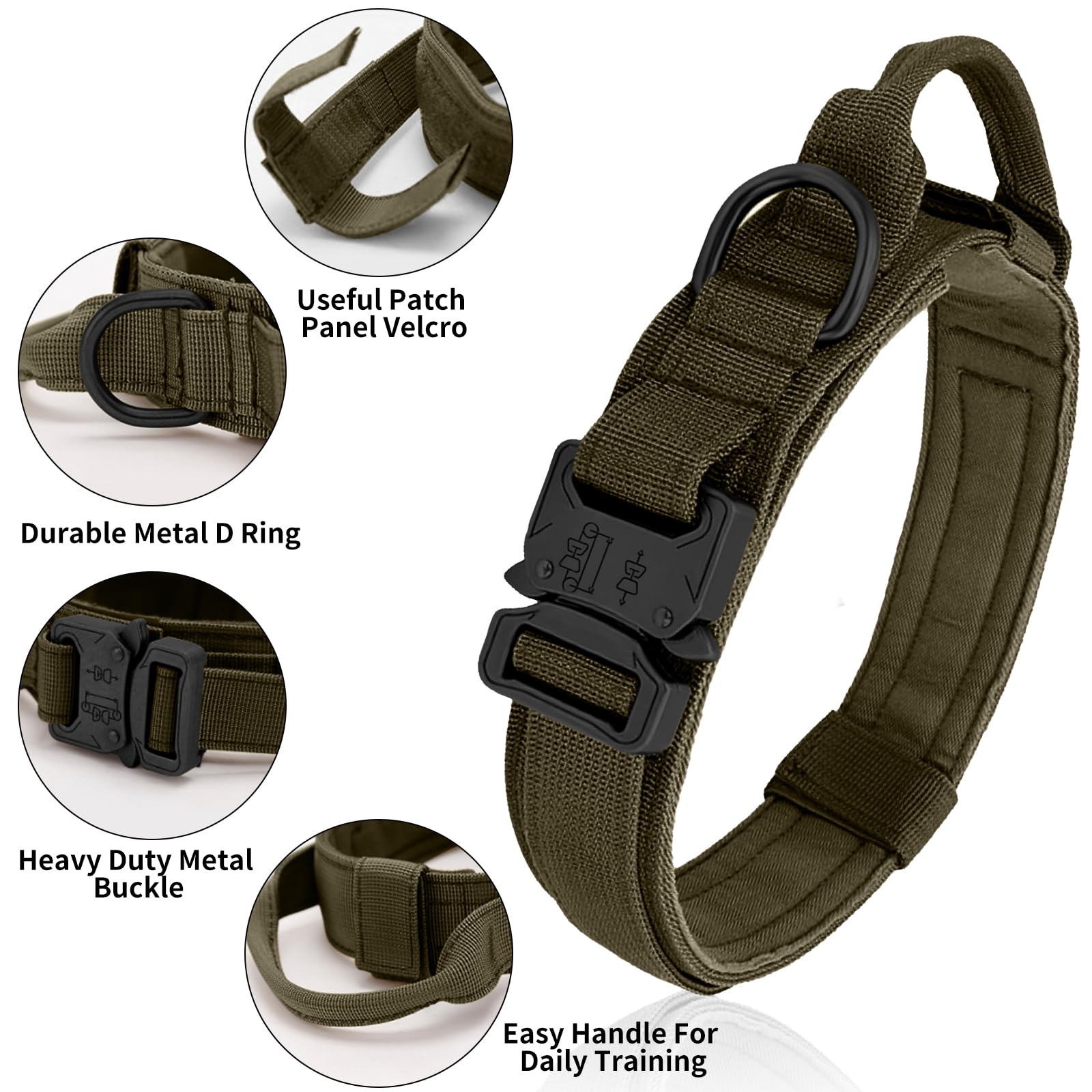 Antswish Tactical Dog Collar - Green, Xl, Nylon, Heavy Duty Metal Buckle, Control Handle For Small, Medium, Large Dogs