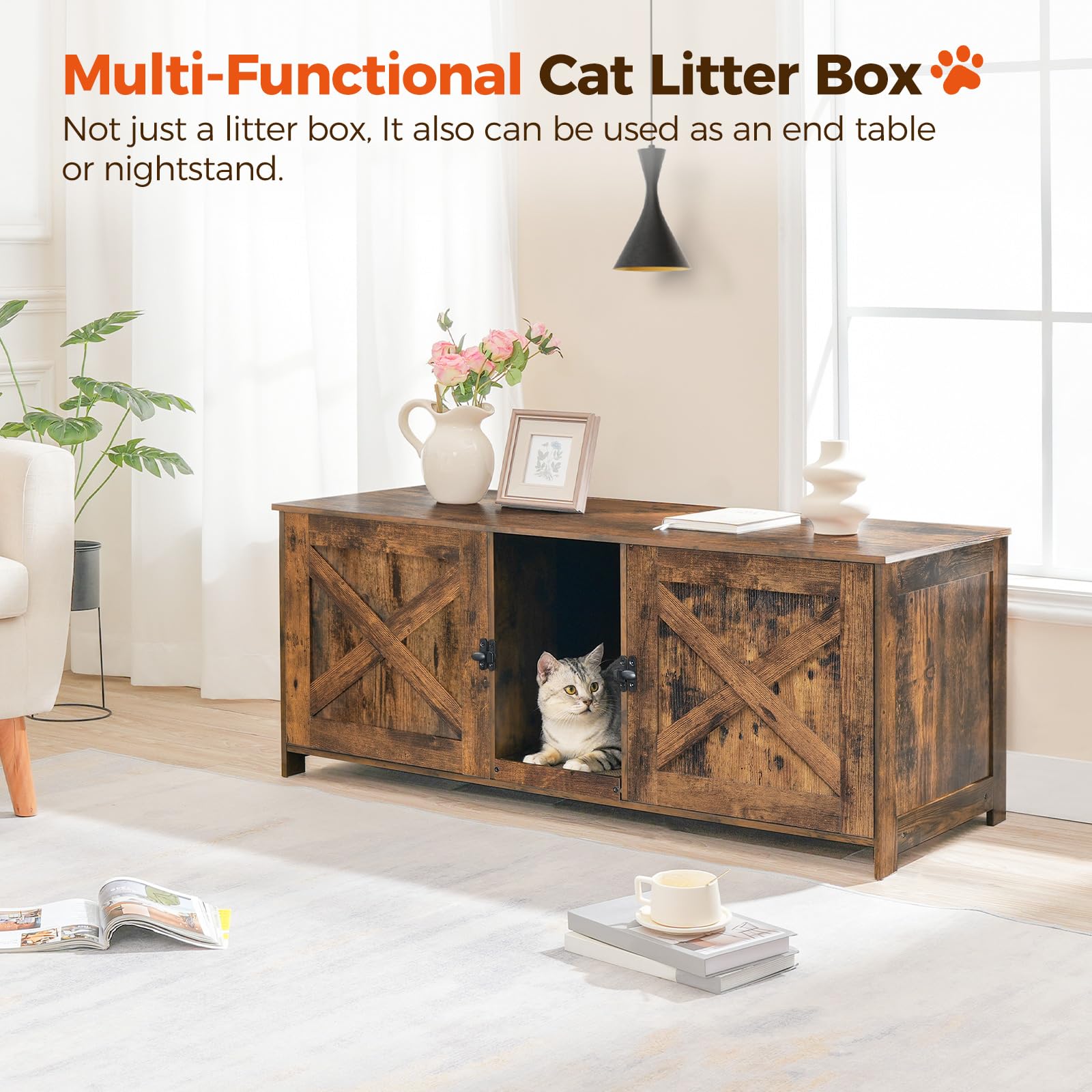 Mahancris Cat Litter Box Enclosure For 2 Cats, 47.2'' Hidden Cat Litter Box Furniture With Double Room, Wooden Cat Washroom With