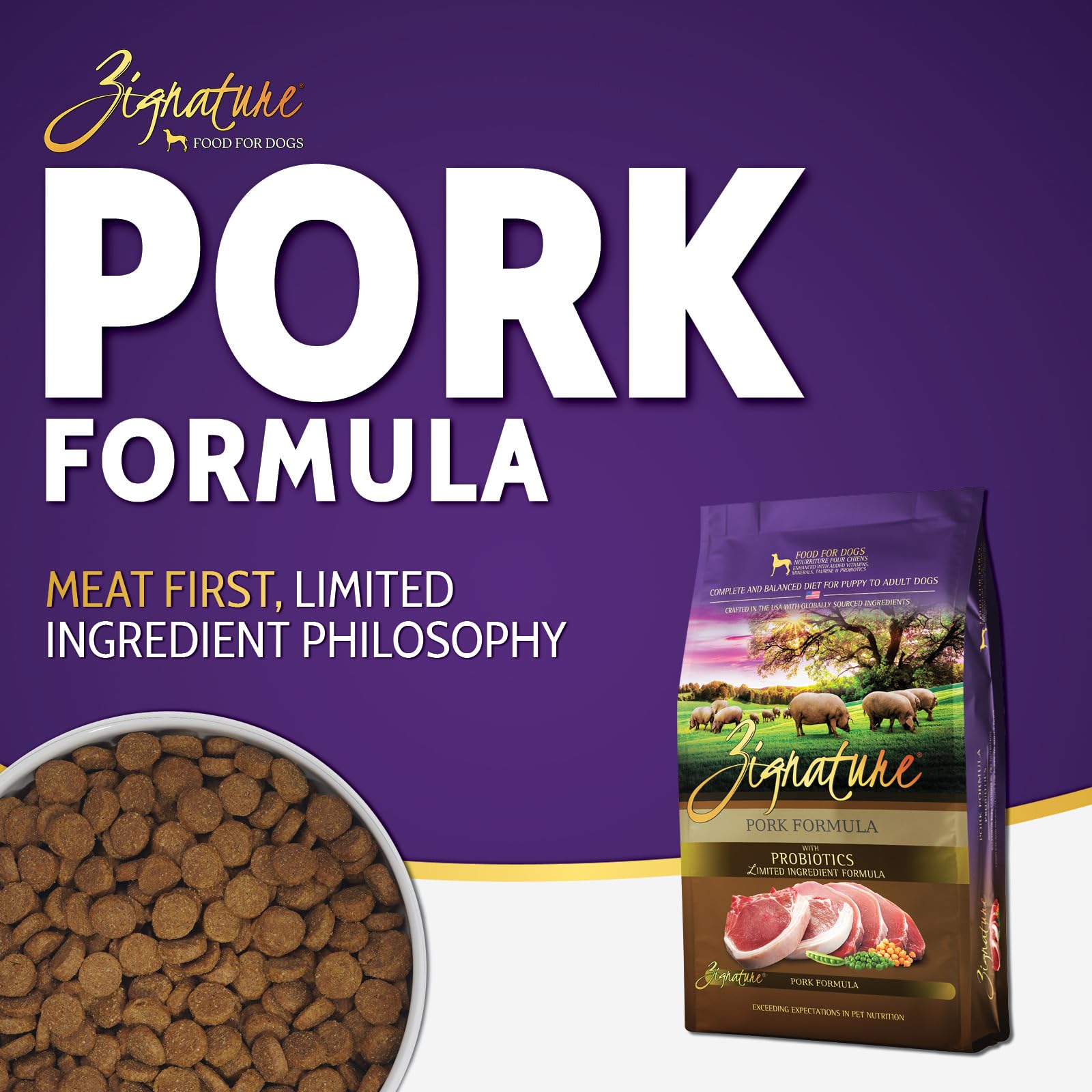 Zignature Pork Limited Ingredient Formula Dry Dog Food, 4lb, Purple