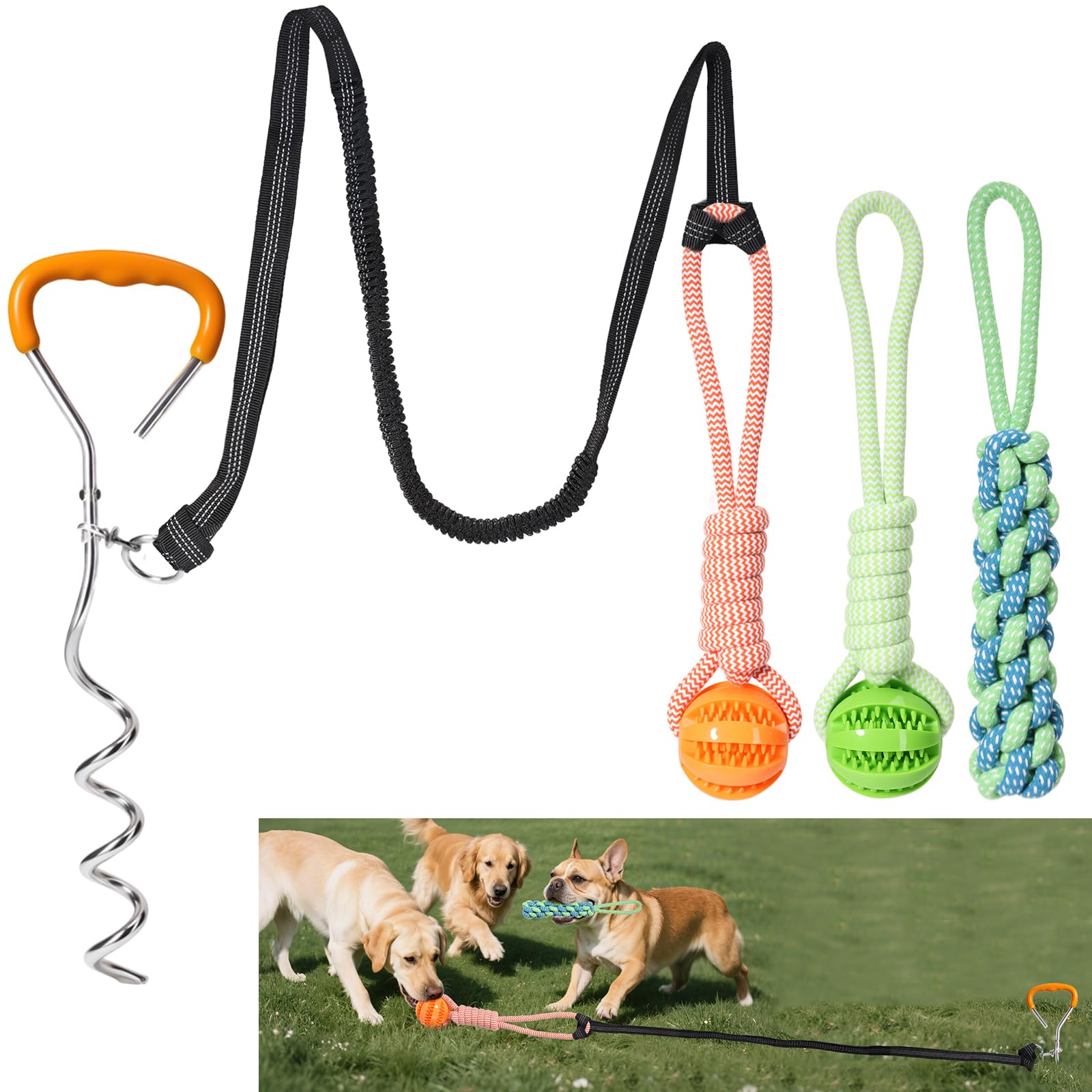 Bungee Tether Tug Outdoor Dog Toy for Dogs, Tug of War Toy with Stake, 2 Puzzle Balls, Cotton Stick Toys, Outdoor Interactive Do