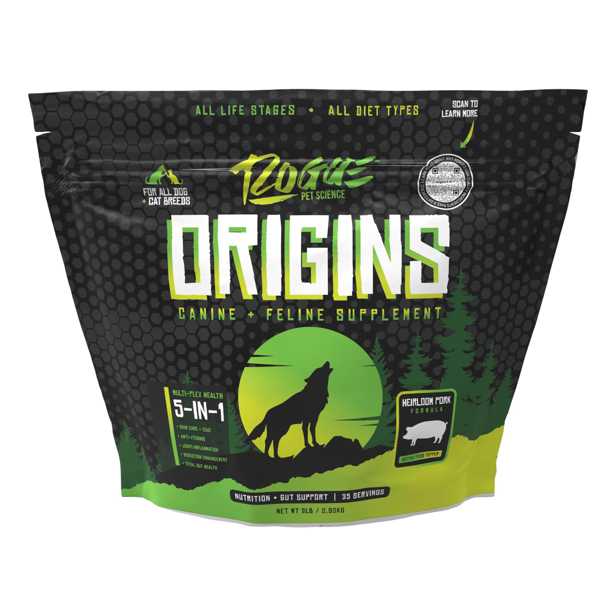 ROGUE PET SCIENCE Origins 5-in-1 Dog Supplement - Powdered Food Topper w/Natural Heirloom Pork Protein- Supports Healthy Digesti