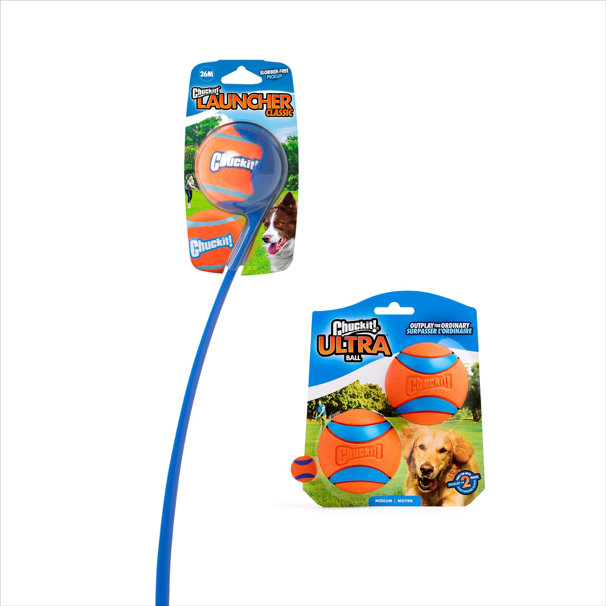 Chuckit! Ultra Dog Ball & Launcher Bundle Classic 26M 26 Length with 2 Pack Medium (2.5) Bouncy Fetch Balls for Dogs 20-60 lbs,