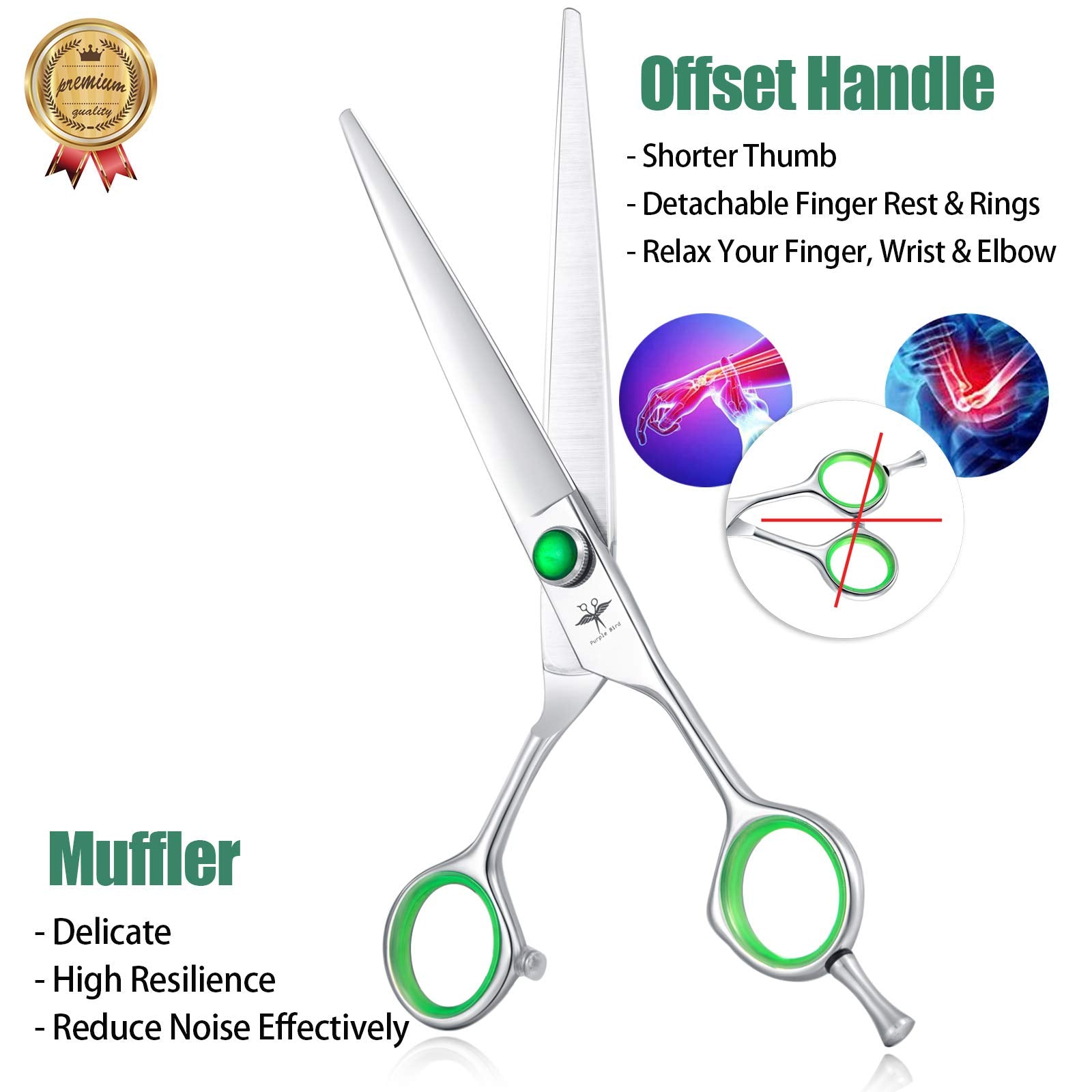 Purplebird 7 Inch Straight Dog Grooming Scissors Professional Pet Cutting Shears Safety Noiseless Blunt Tip Trimming Shearing Fo