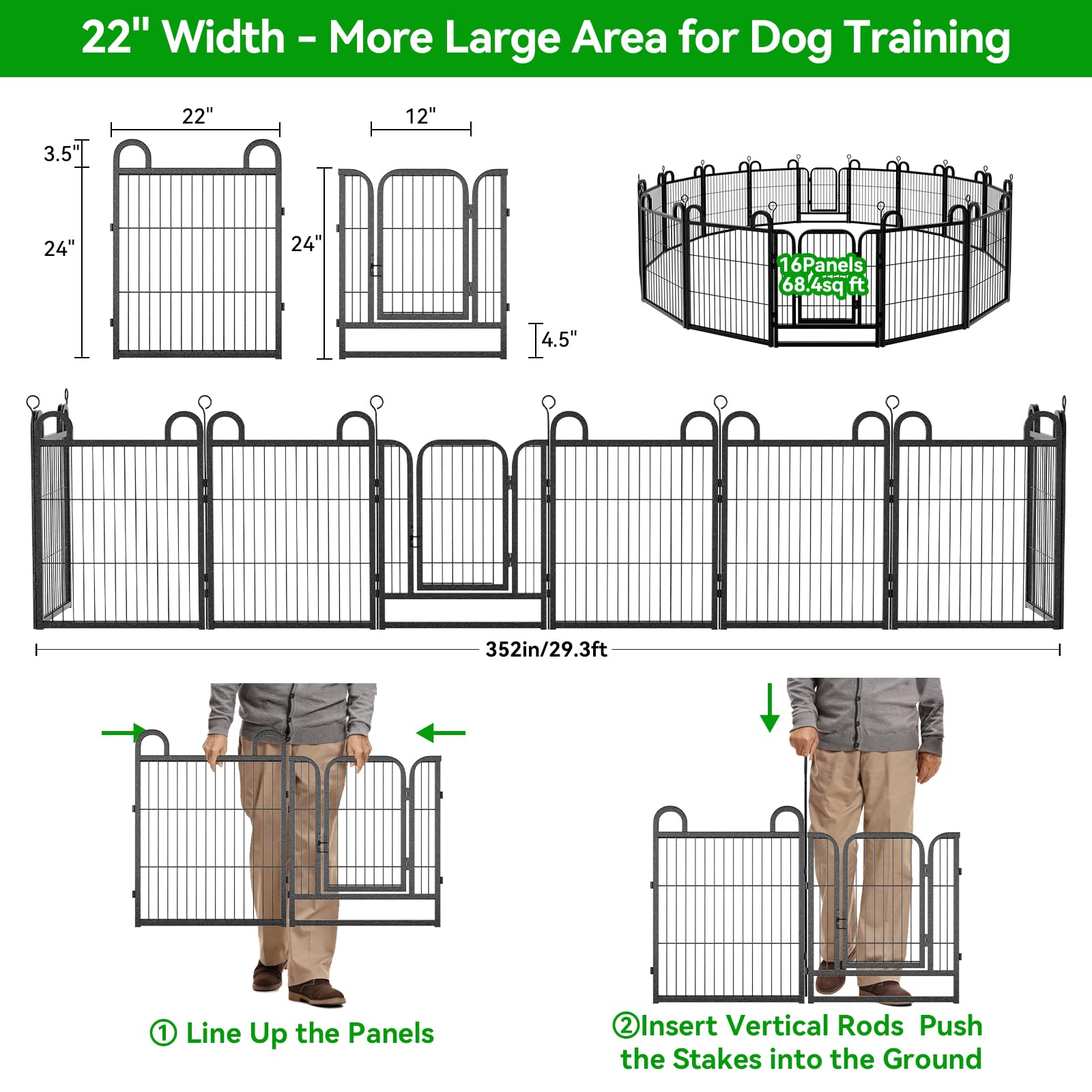 Puppy Playpen 16 Panels Small Dog Fence Outdoor Indoor Use 24' Height Anti-Rust With Doors Portable Dog Play Pen For Rv Camping