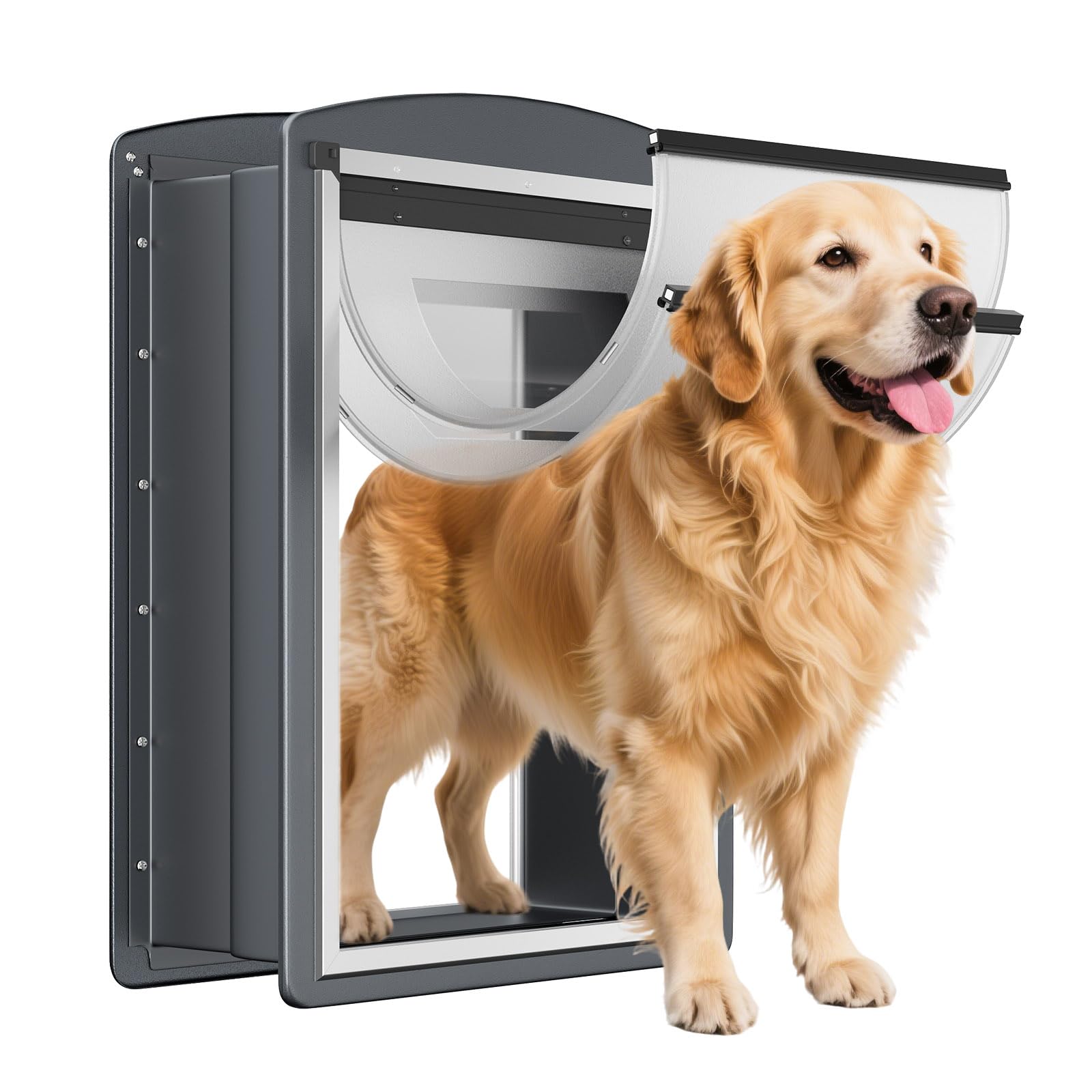 Freestanding Dog Door For Wall, Steel Frame Large Dog Door With Telescoping Tunnel, Double Magnetic Flaps And Two Sliding Lock P