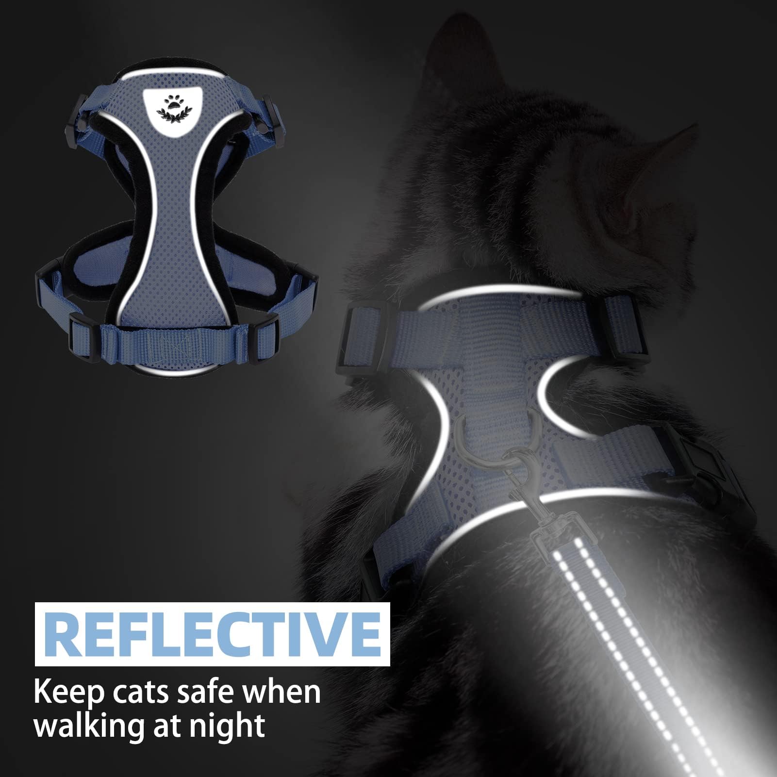Pupteck Cat Harness And Leash Set Escape Proof Reflective Cat Walking Harness Adjustable Soft Breathable Mesh Vest For Small Pets, Sky Blue, M