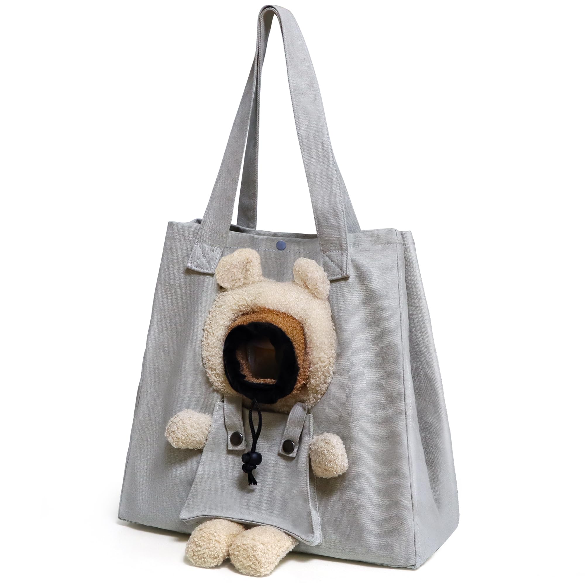 Pet Canvas Shoulder Carrying Bag, Cute Grey Bear Shaped Cat Carrier, M Size Portable Kitten & Puppy Tote, Comfort Carriers For S