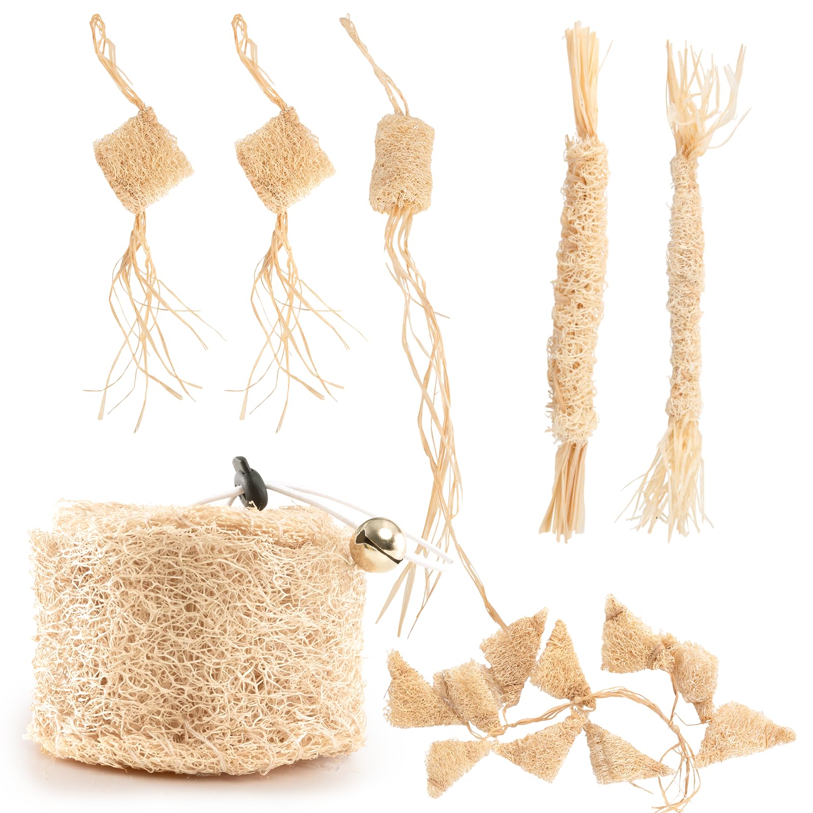 Cat Chew Toy-Natural Loofah Raffia Catnip Toys-7pcs Handmade Gum Massage Teether w/ Cat Wand Toy, Interactive Teeth Cleaning,Kit