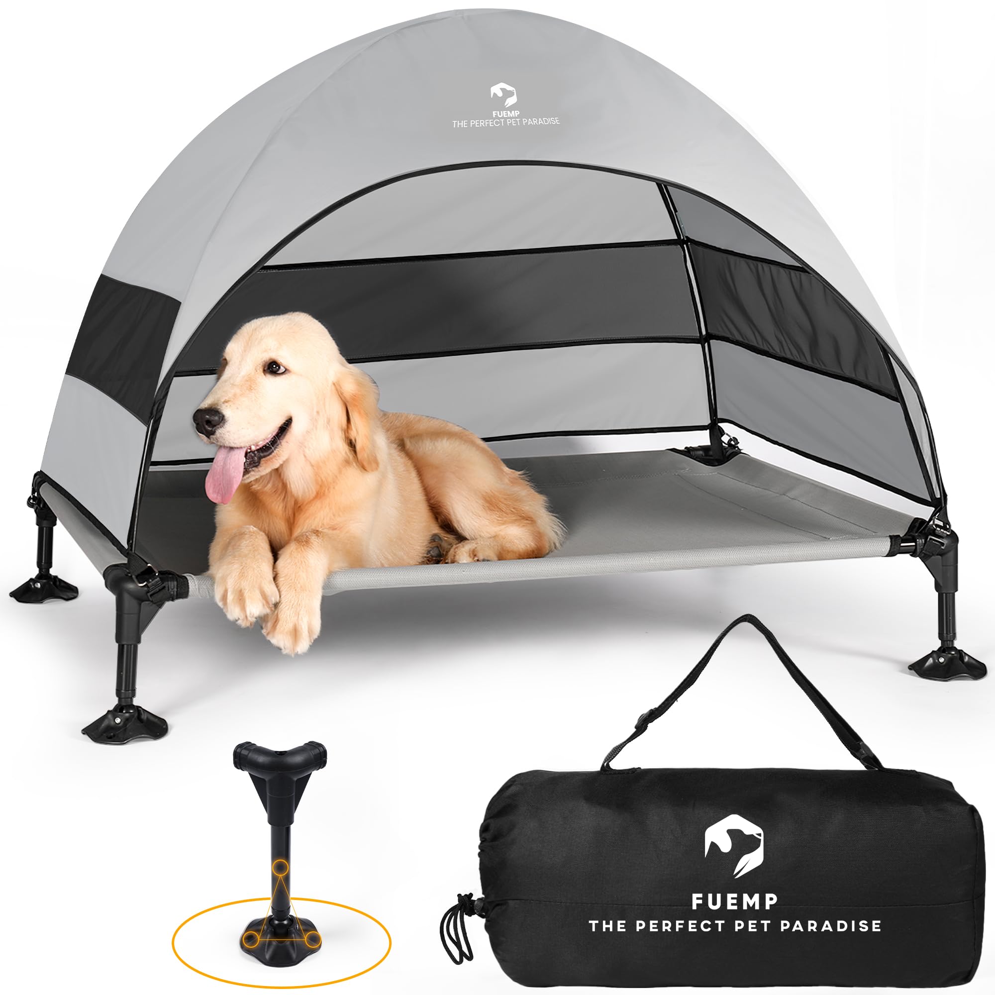 FUEMP Elevated Dog Bed with Canopy |Included Travel Bag| |L Size Portable Dog Bed|Widened Anti Slip Feet & Rain Resistant|Coolin