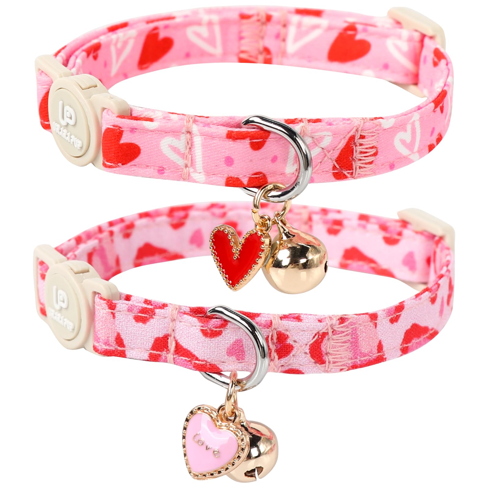 Up Urara Pup Cat Collar, 2Pack Valentine'S Day Kitten Collars Cute Breakaway Cat Collar With Bell, Red Love Heart Pink Hearts Ki