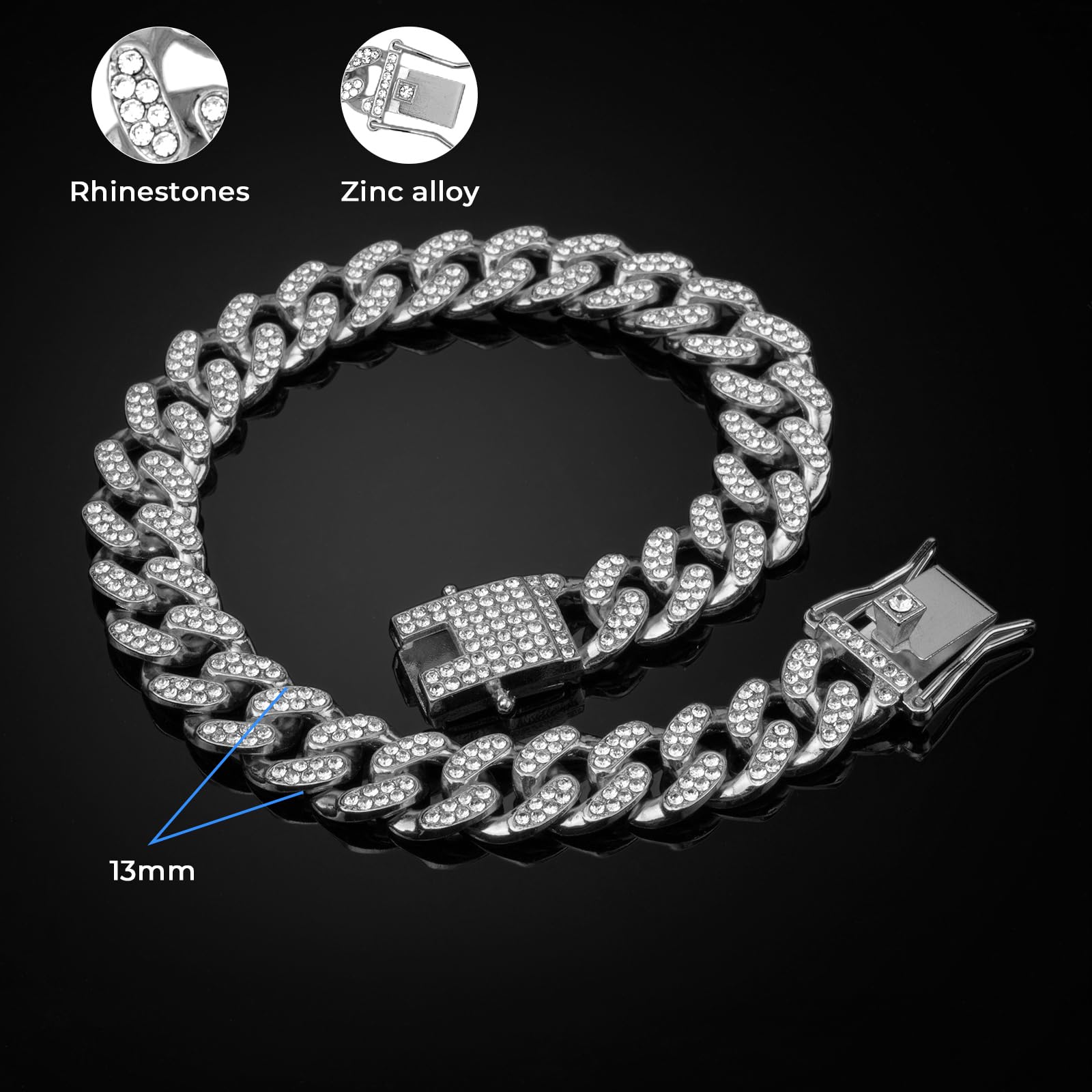 Dog Chain Collar Silver Dog Necklace Diamond Cuban Link Dog Collar 13Mm Wide Metal Pet Cat Dog Chain Crystal Collar Jewelry Acce