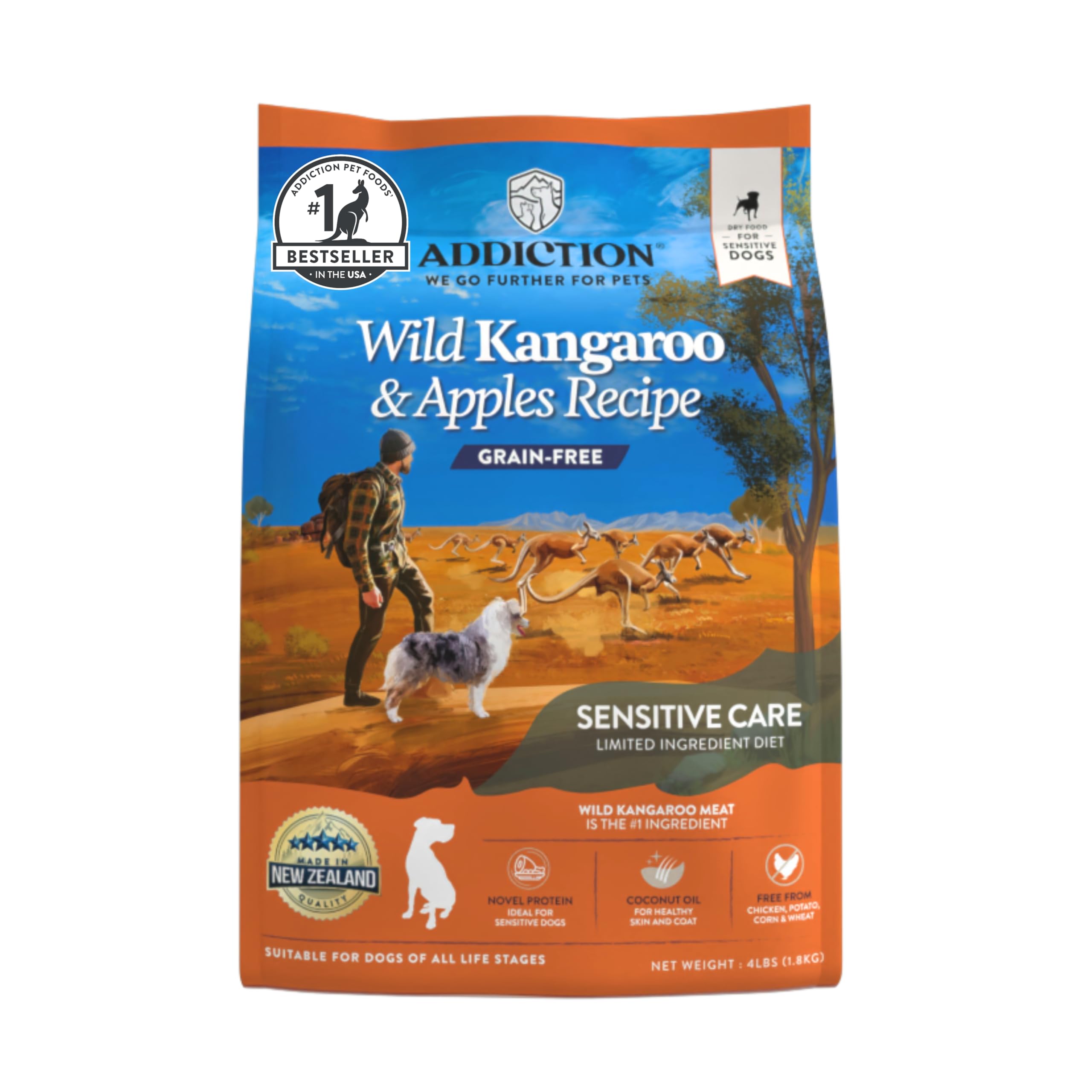 Addiction Wild Kangaroo & Apples Dry Dog Food - Limited Ingredient, Novel Protein for Dogs with Allergies, Grain-Free - Support Muscle Development & Manage Weight - Made in New Zealand 4lb-New Condition