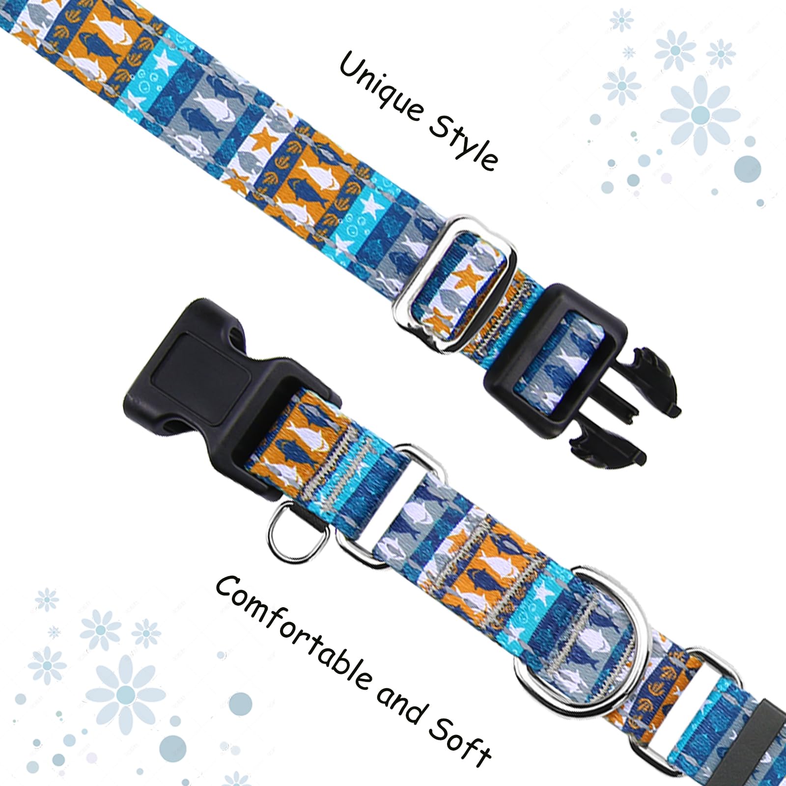 Fidohug Reflective Martingale Collar With Buckle Shark Starfish Ethnic Stripe Adjustable Designer Dog Collars (Underwater World,