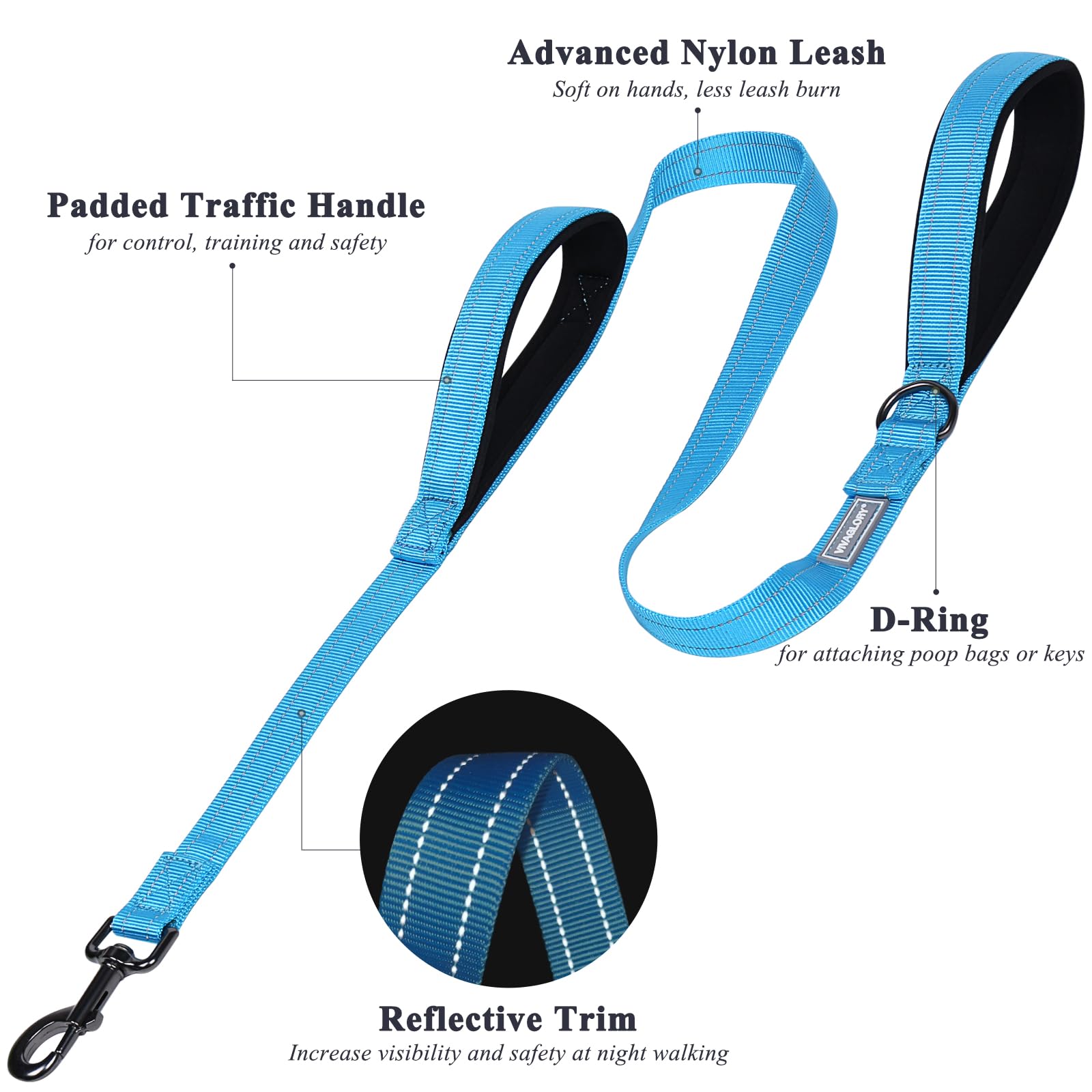 Vivaglory Traffic Handle Dog Leashes, Two Padded Soft Handles Strong Dog Leash, Reflective & Metal Hook Training Dog Lead, Lake