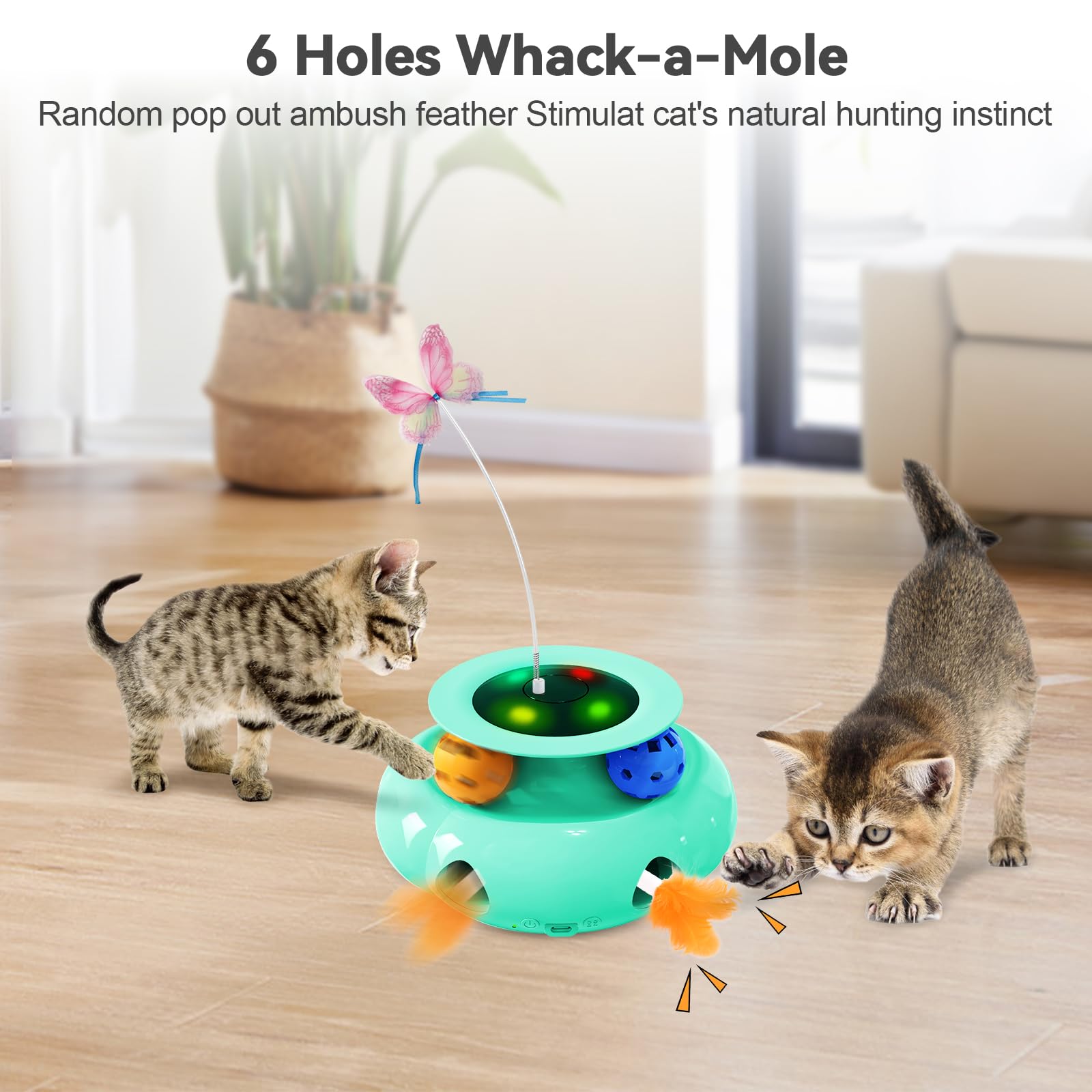 Xuyub Cat Toys Interactive Rechargeable 3In1 Whack A Mole Cat Toy, Fluttering Butterfly, Track Balls, Touch Activated Automatic