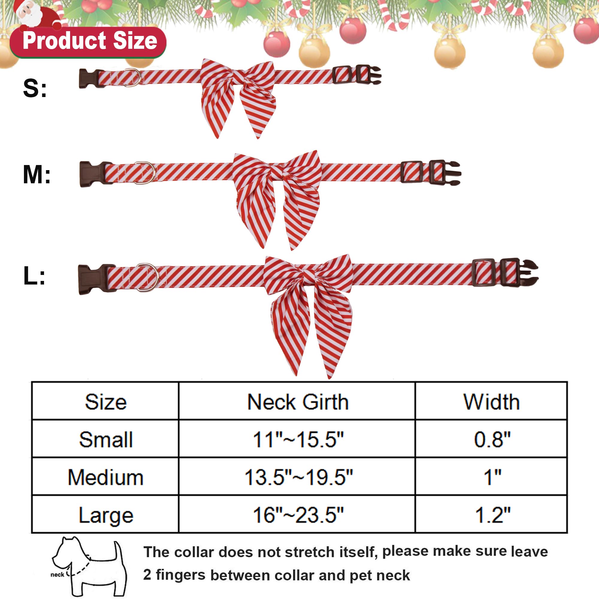 Adoggygo Christmas Dog Collar With Bow, Adjustable Cotton Stripe Bowtie Dog Christmas Collars For Small Medium Large Dogs Pets (Large, Red & White)